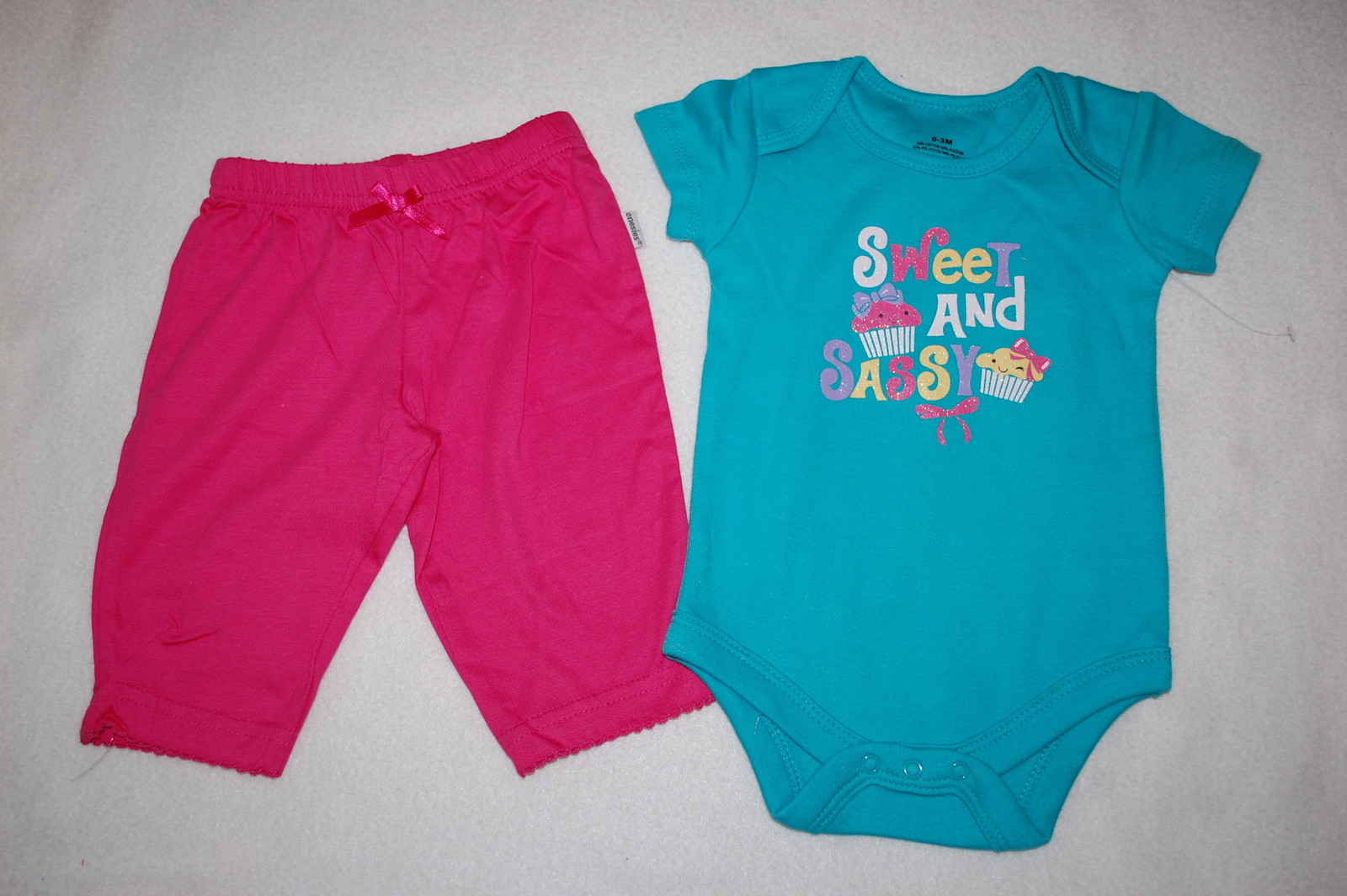 Baby Girls TEAL ROMPER T-SHIRT Cupcakes SWEET & SASSY Pink Knit Pants 0-3 MO