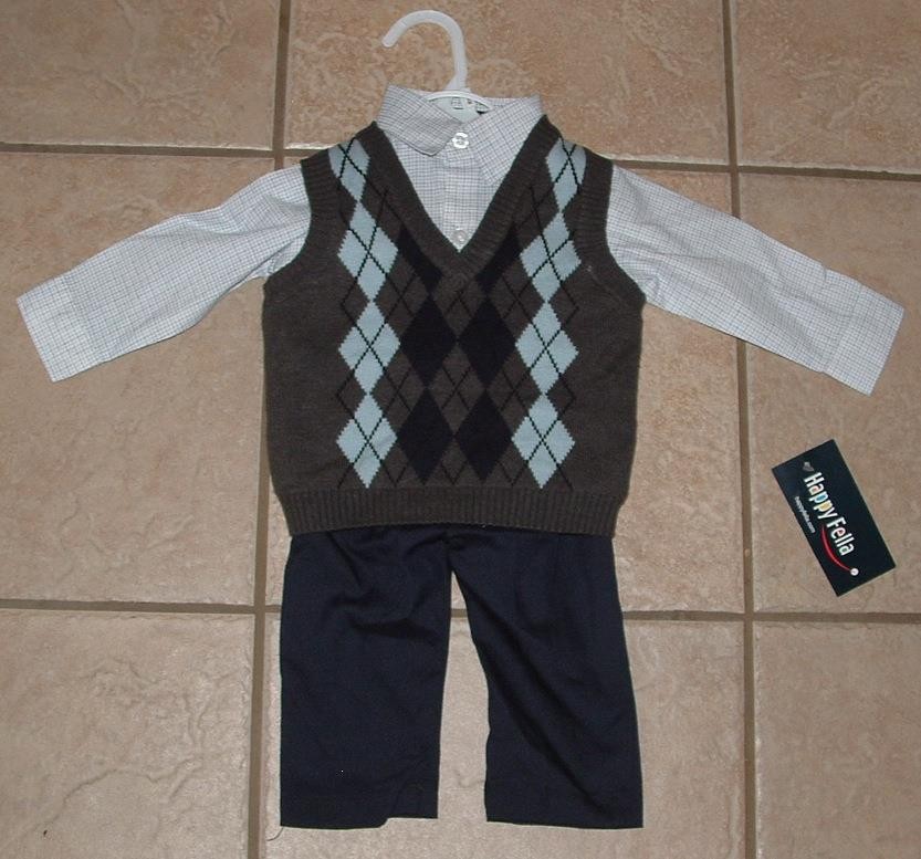NEW Boy Sz 6-9 Months Pants, Long Sleeve Shirt & Argyle Sweater Vest 3 Pc Outfit