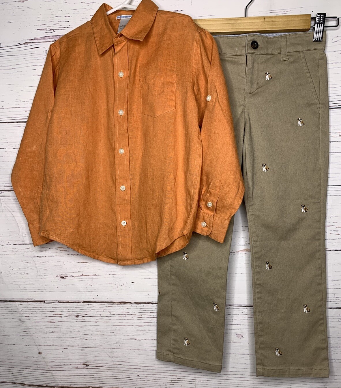 JANIE & JACK Boys Sz 5 Outfit Khaki Pants Adjustable Waist & Linen Dress Shirt
