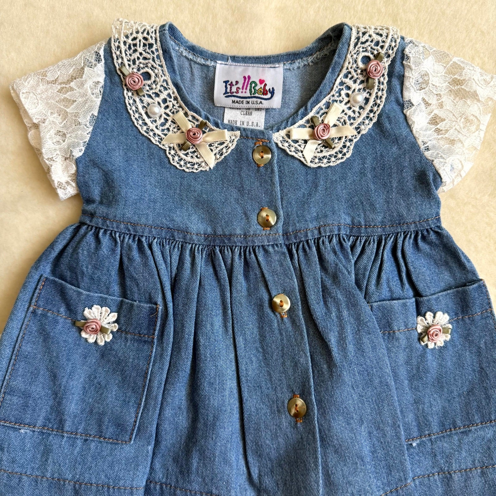 Vintage 90s It’s Baby Dress & Bloomers Set Girls Size 3-6M Blue Floral Lace