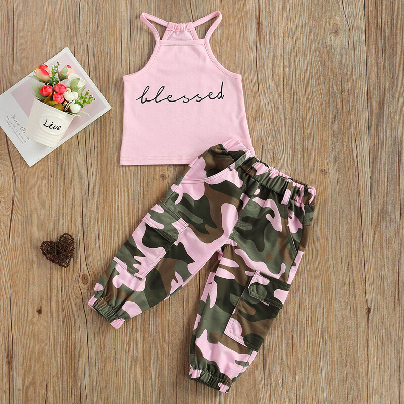 Toddler Newborn Baby Girl Outfits Clothes Print Halter Vest Camouflage Pants Set