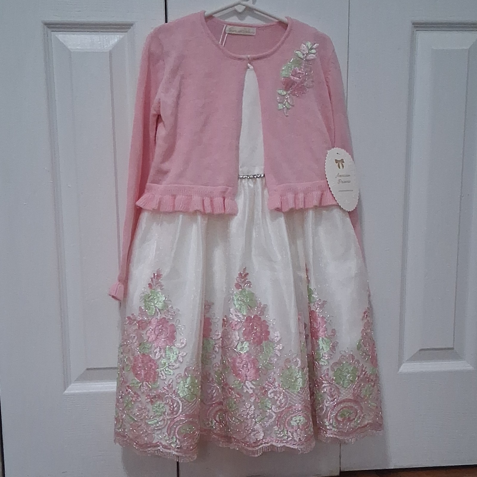 Girls 6 Pink Knit Cardigan & White Floral Embroidered Ruffle Dress Set