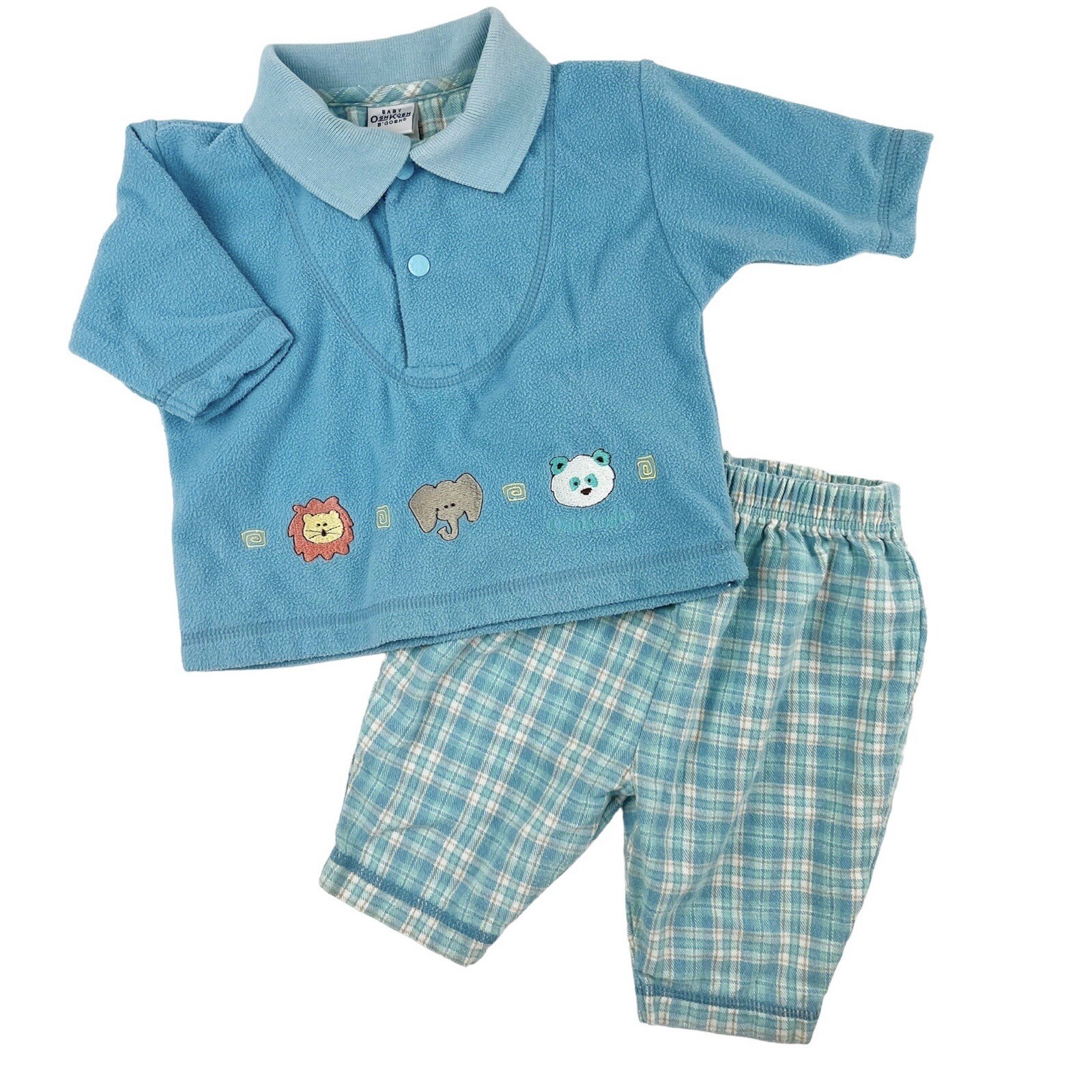 Vintage OshKosh B’gosh Pull On Plaid Pants Matching Shirt Outfit Size 0-3 M