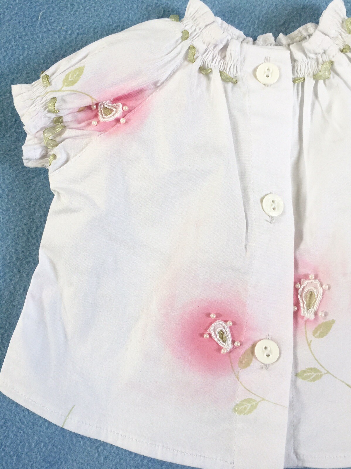 Bebijou France White Shirt Pink Floral Green Ribbon Trim sz 6 mos