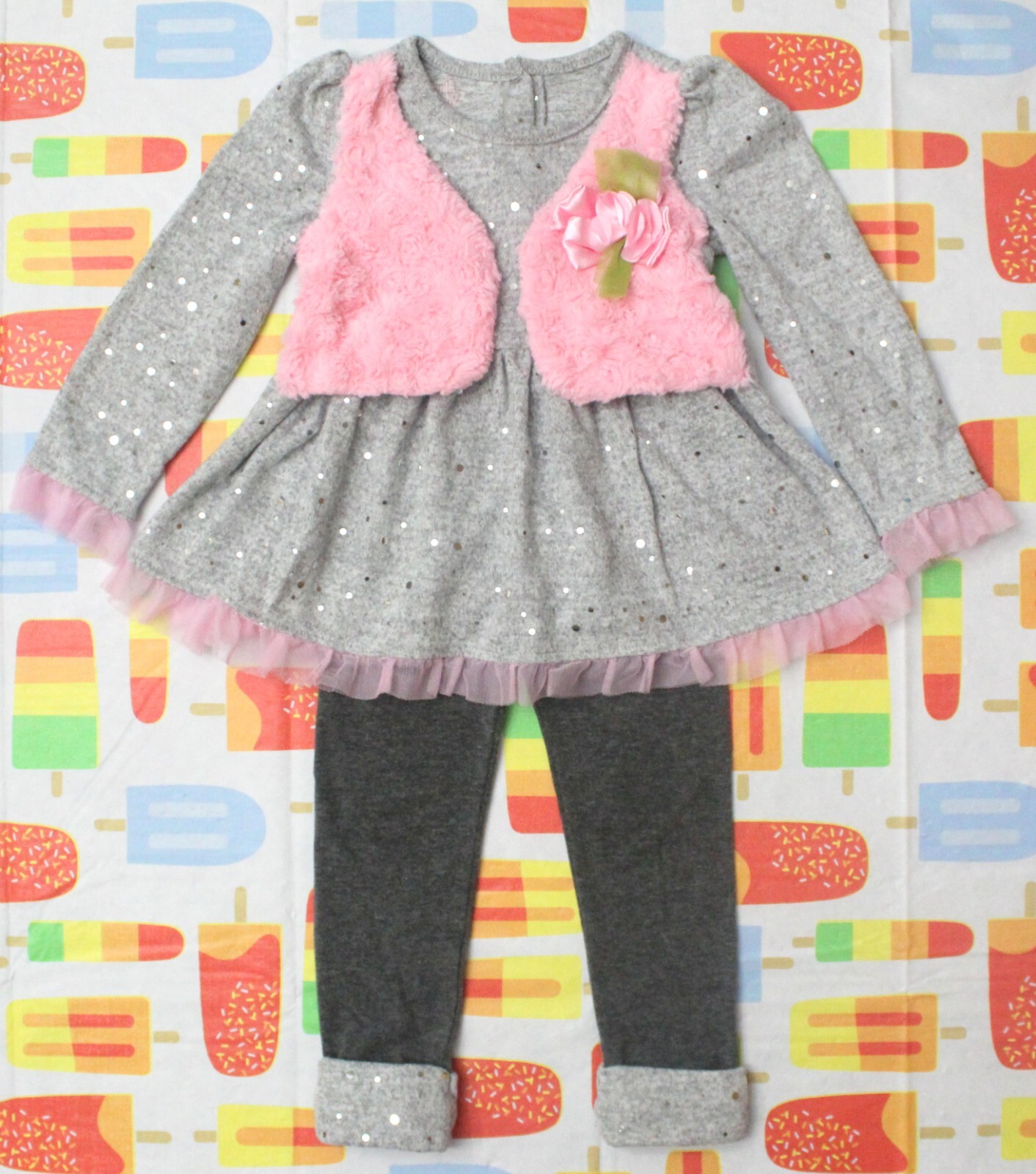 Young Hearts Toddler Girl 3T Grey & Pink Cotton Spandex Two-Piece Pants Outfit