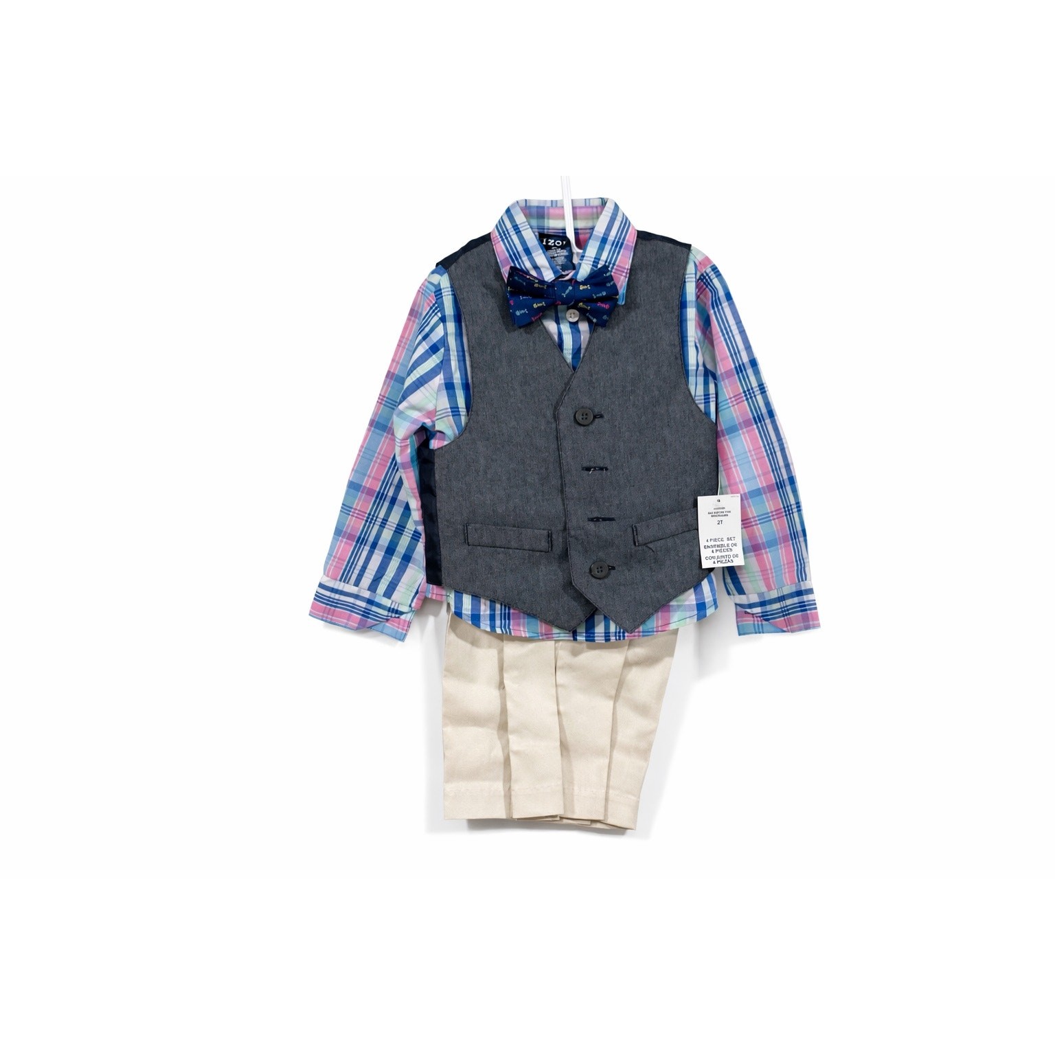 IZOD Boys 2T Easter Preppy Ring Bearer 4pc Suit Gray Vest Plaid Khaki Bow Tie
