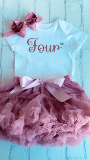 Girls 4th Birthday Four Outfit Tutu T-Shirt/Vest Party Top Dusky Pink Silver