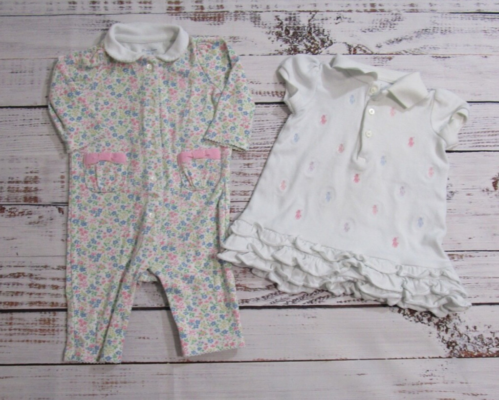 Lot Of 2 Ralph Lauren Baby Pink Floral 1 Piece & Ruffle Dress Girls 3-9 Months