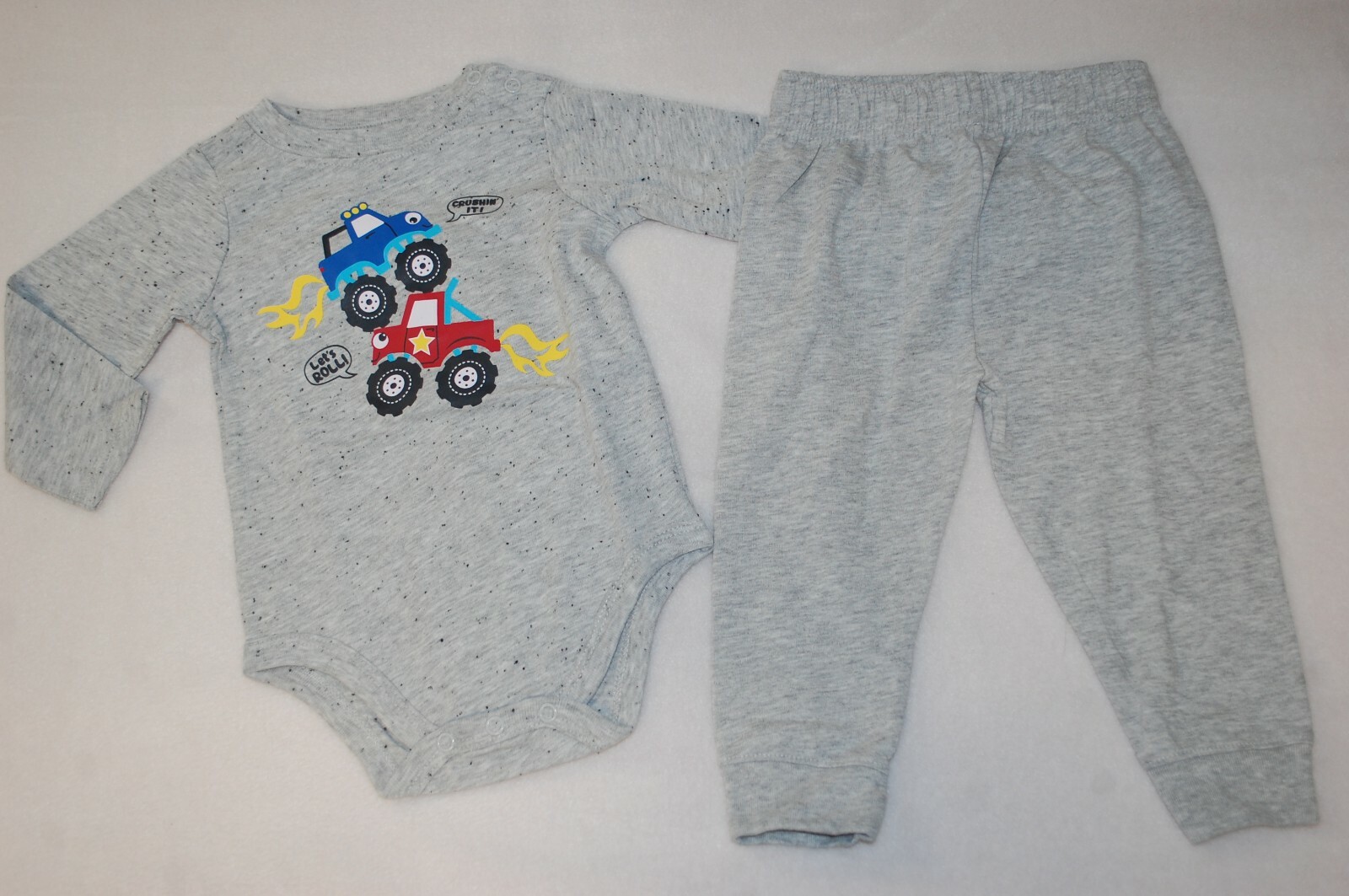 Baby Boys MONSTER TRUCK L/S T-SHIRT Bodysuit HEATHER GRAY Knit Pants 12 MO