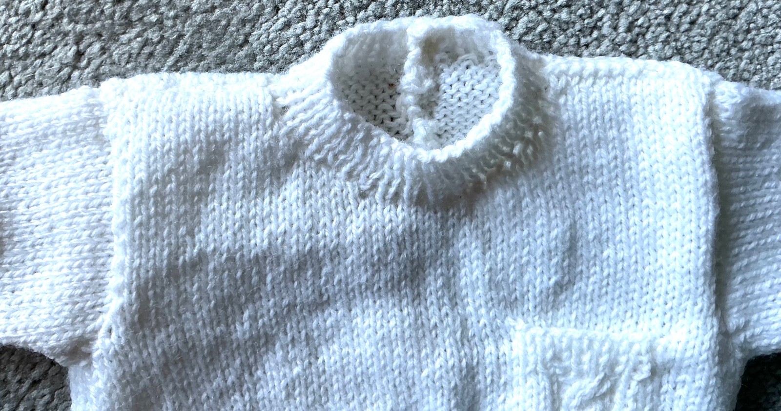 HAND KNITTED BY ME – FIRST JUMPER ~ WHITE ACRYLIC ~ LENGTH 9” ~ CHEST 18” ~NEW