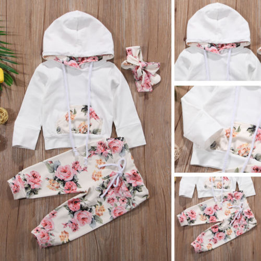 Newborn Baby Girls Tracksuit Floral Hooded Tops Pants Trousers Outfits Clothes