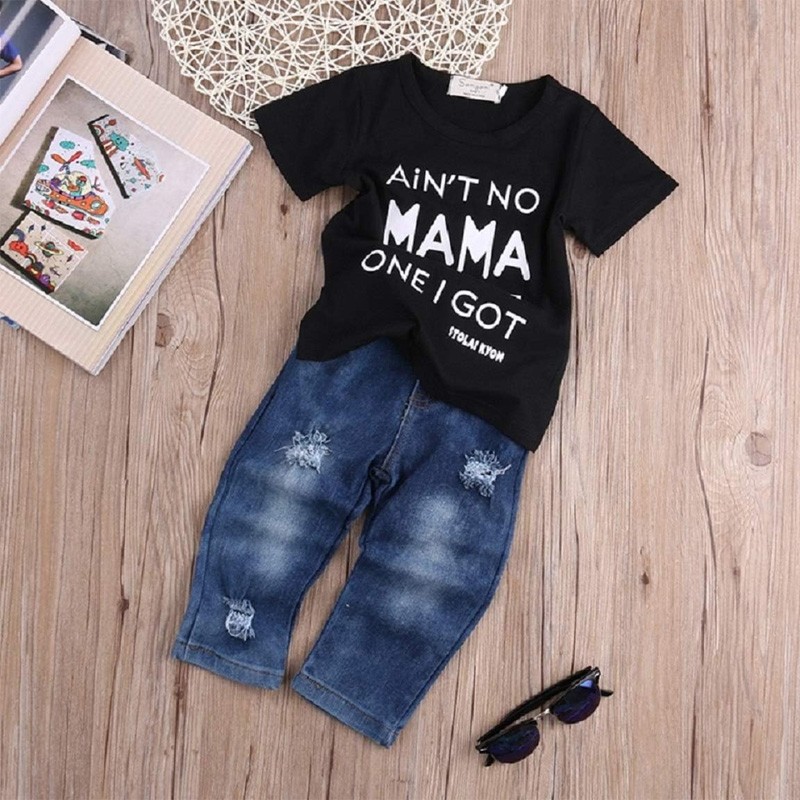 Baby Boy Outfit Letter-printed Shirt Scraped-up Denim Pants Summer Clothes Set