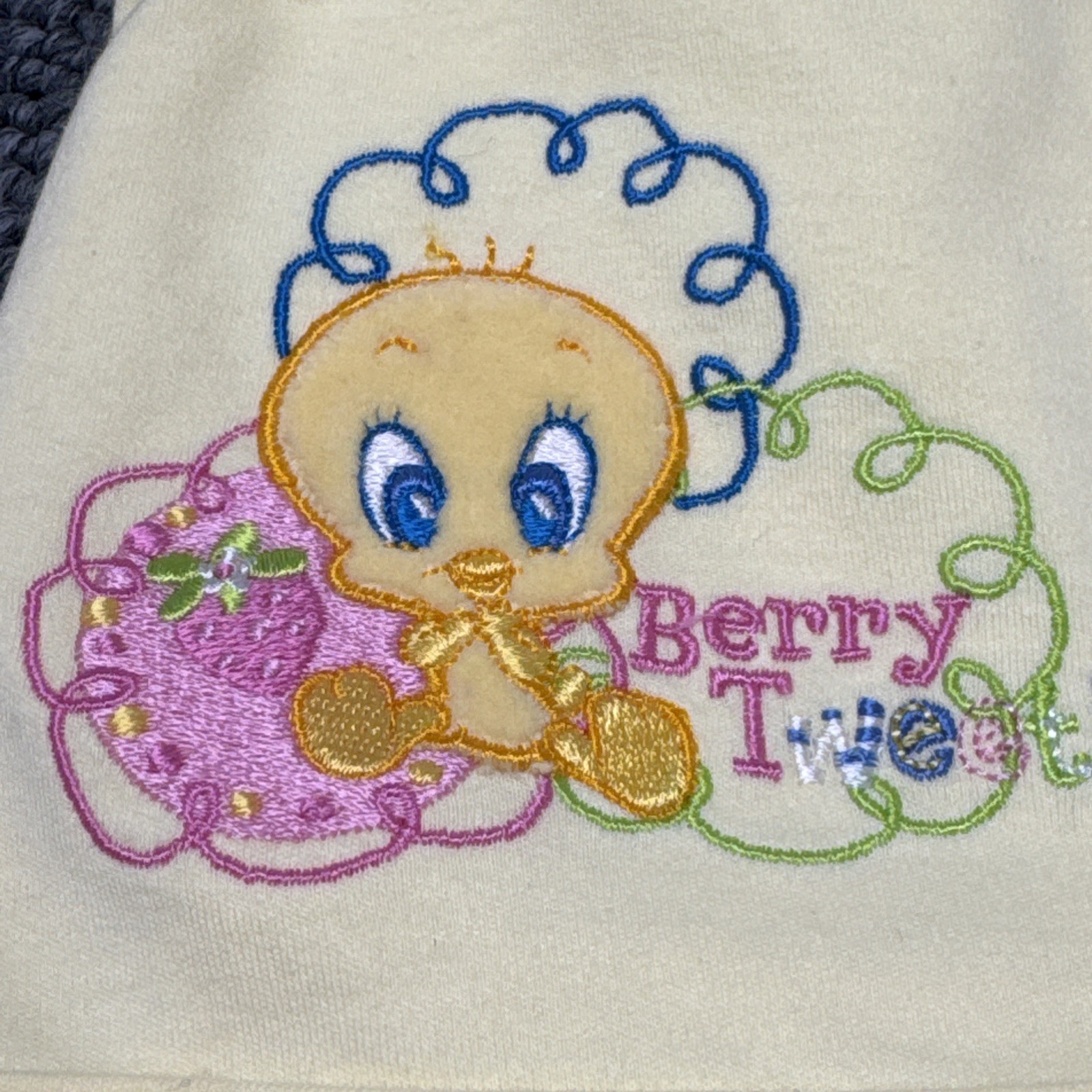 VTG Y2K Looney Tunes Tweety Bird Fruit Strawberry Embroidered 3pc Outfit 0/3M