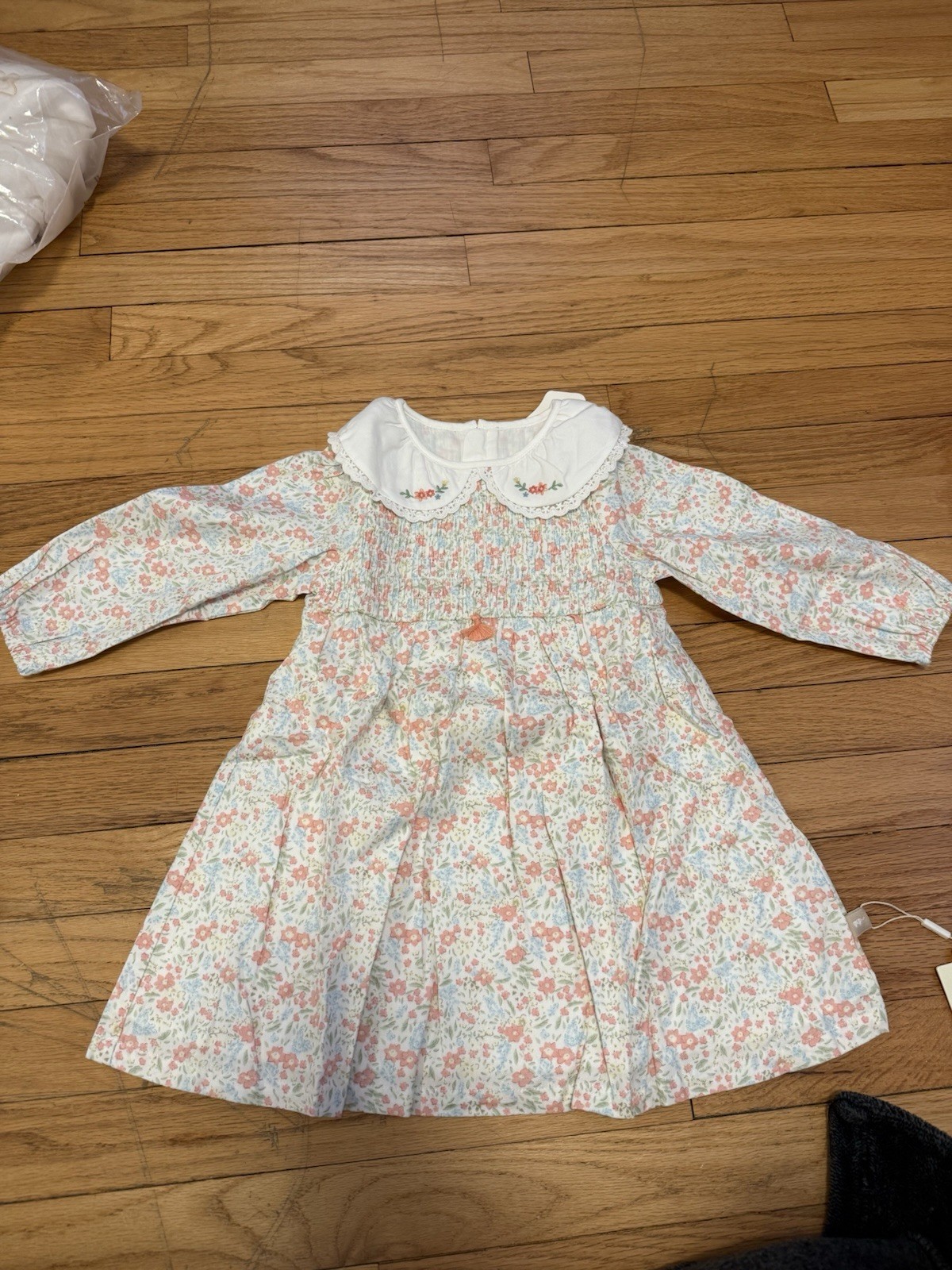 DAVE & BELLA Floral Smocked Collared Long Sleeve Knee Dress 3T White Pink Blue