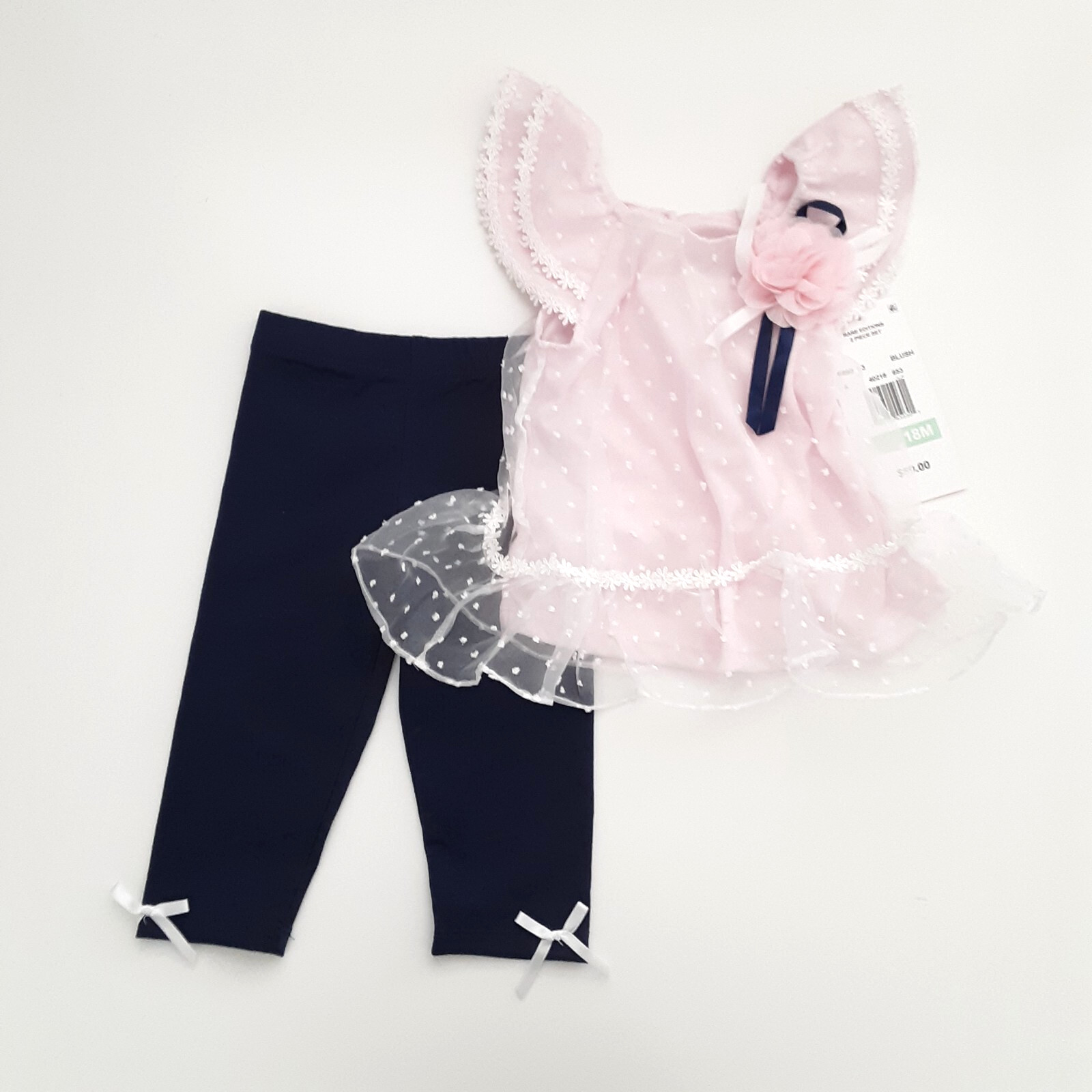 Rare Editions Baby Girls Size 18M Dot Organza Tunic Leggings 2 PC Set Pink Navy