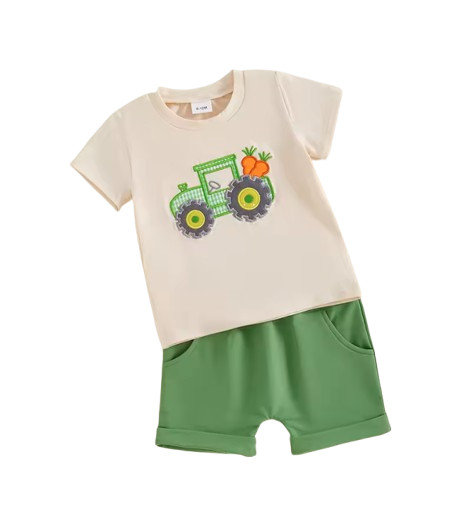 Toddler Boy Easter Outfit Tractor Embroidery Short Sleeve Top and Solid Shorts S