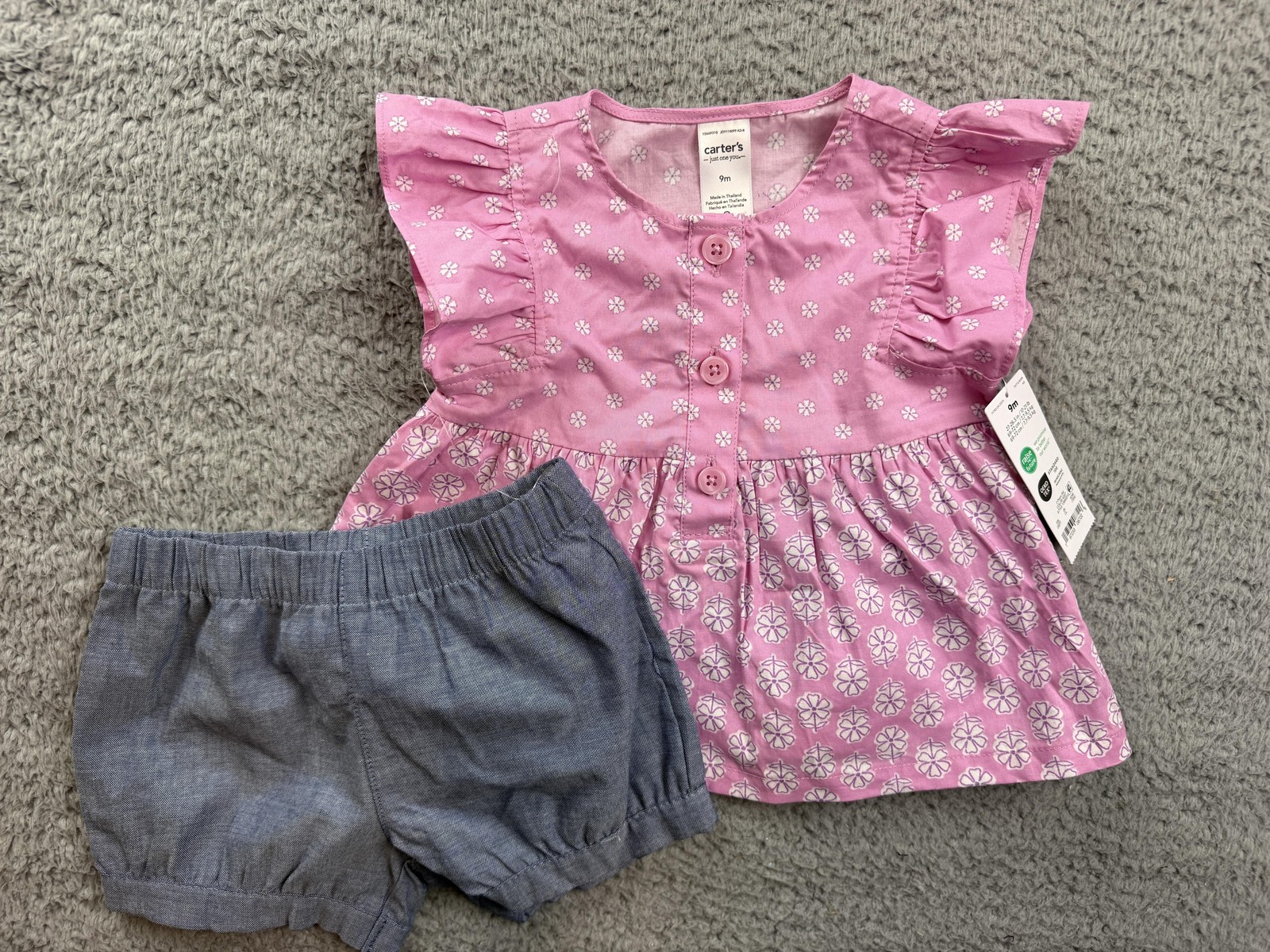 Carter’s Just One You 2 Piece Outfit Set Girls 9M Pink Floral Top Gray Shorts