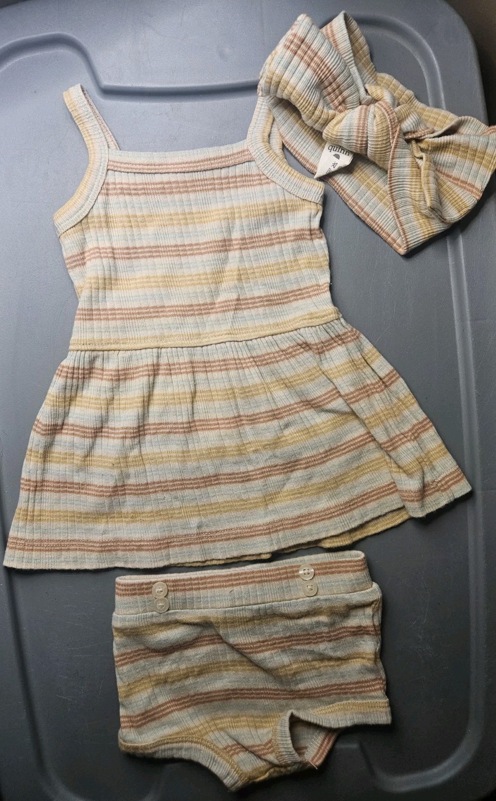 Kate Quinn Organic Cotton Striped Dress Set 3pc Bloomers & Bow Sleeveless Summer