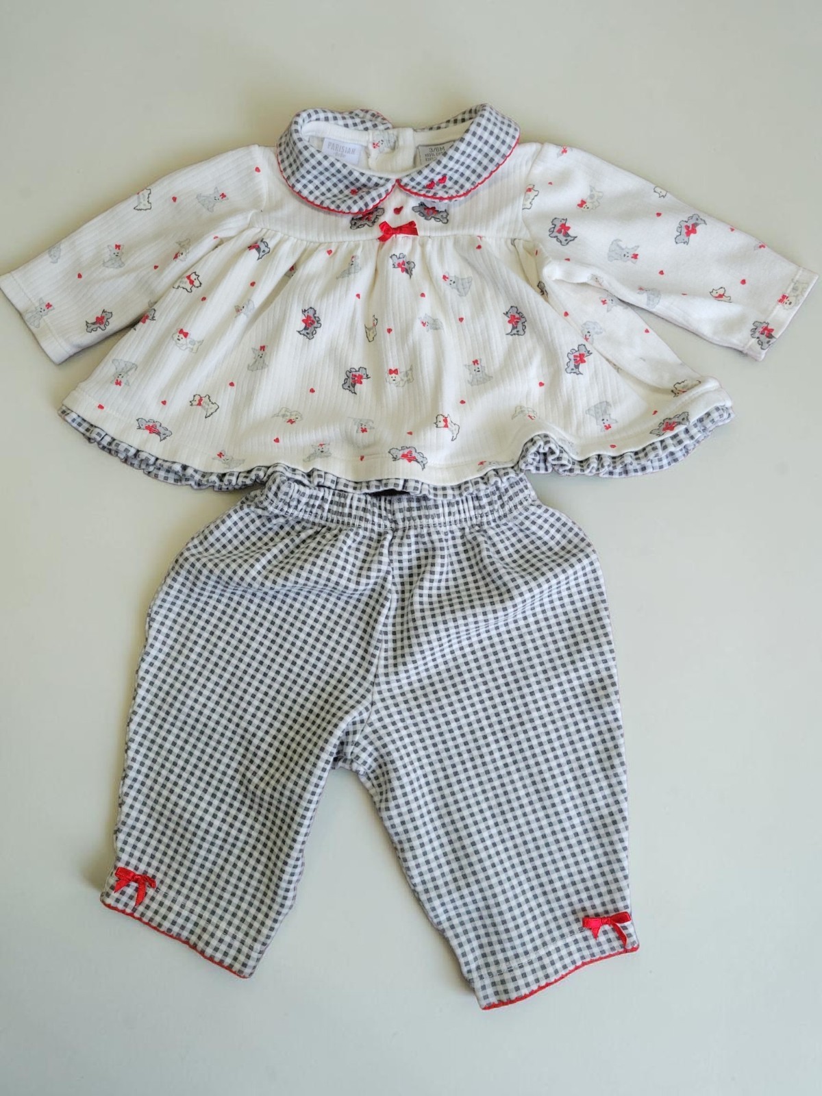 vintage Parisian Bébé 3-6M Cream Gray Gingham Top & Pants Dog Embroidered