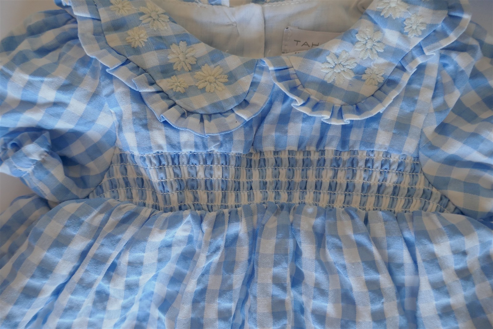 NEW TAHARI Blue Gingham SET Smocked SS Dress+Bloomers+Headband 3-6m Embroidery