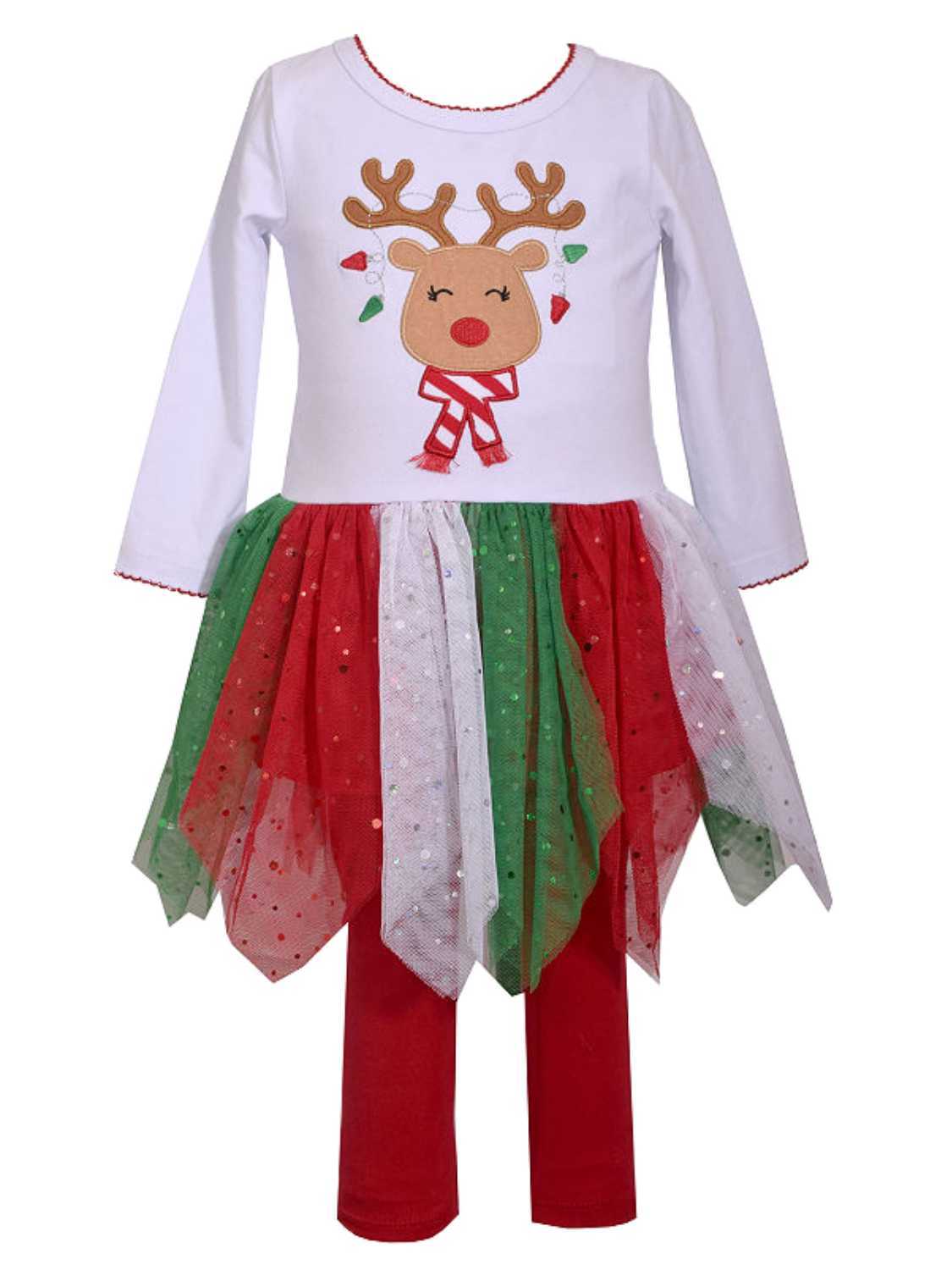 Infant Girls Red White & Green Christmas Holiday Outfit Reindeer Shirt Leggings