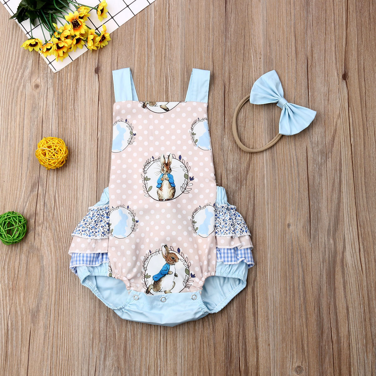 NWT Peter Rabbit Easter Bunny Rabbit Baby Girls Ruffle Romper Headband Outfit