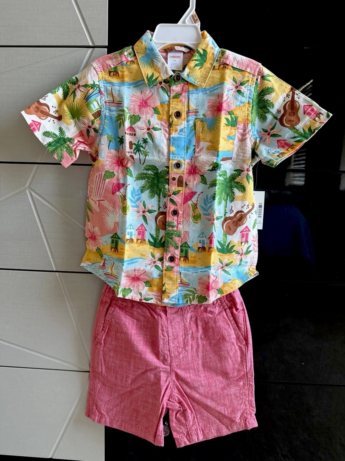 Gymboree Hawaiian Button Up Shirt & Children Place Textured Chino Shorts-Size 4T