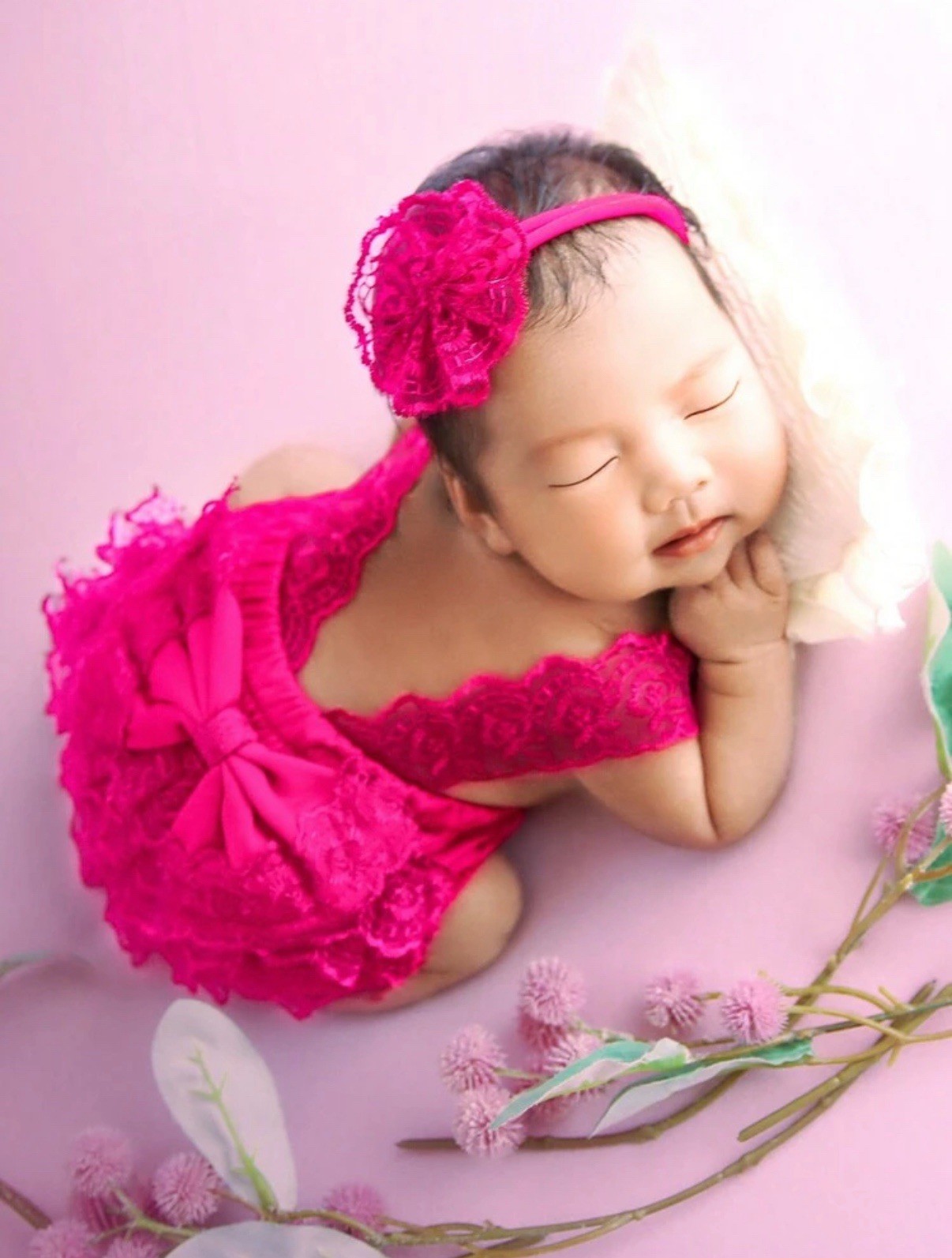 Pink Lace Romper, Headband Set for Girls, Bow, Ruffle, Adjustable Straps Newborn