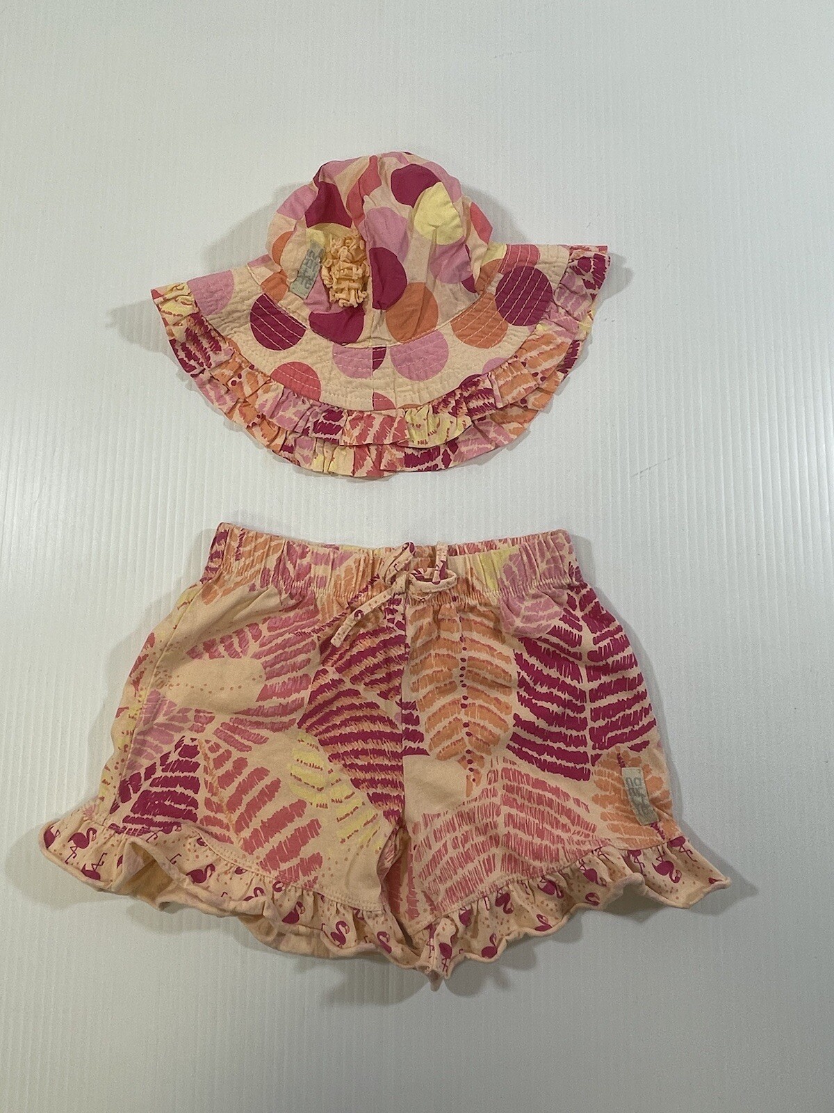 Naartjie Girls 100% Cotton Apricot Ruffle Shorts Bucket Hat 2Pc Set 18-24Mo