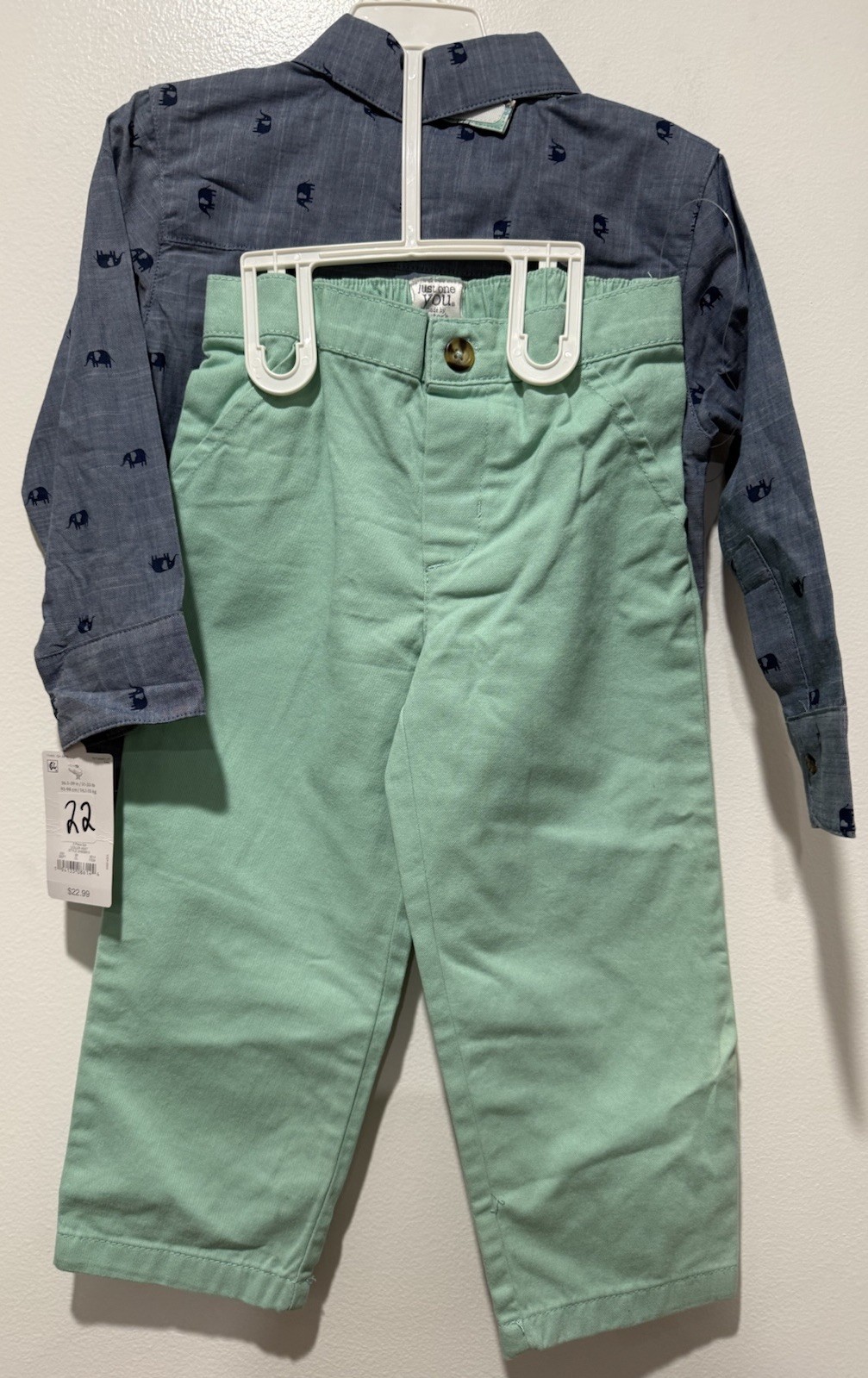 3 Piece Carter’s Just One You Blue Green Button-Up Shirt Pants & Bow Tie 3T
