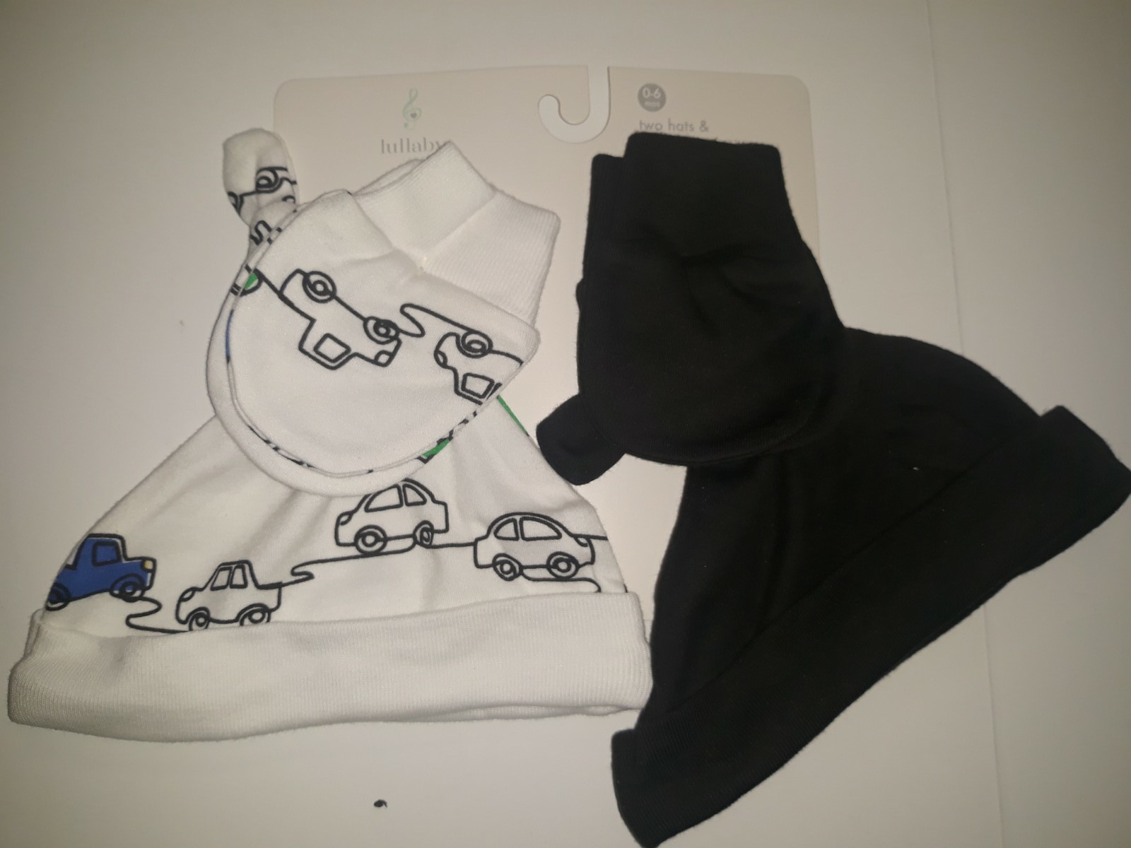 Lullaby Lane 2 Baby Beanie Hat & 2 Pairs Of Mittens Set 0-6 Months Cars NEW