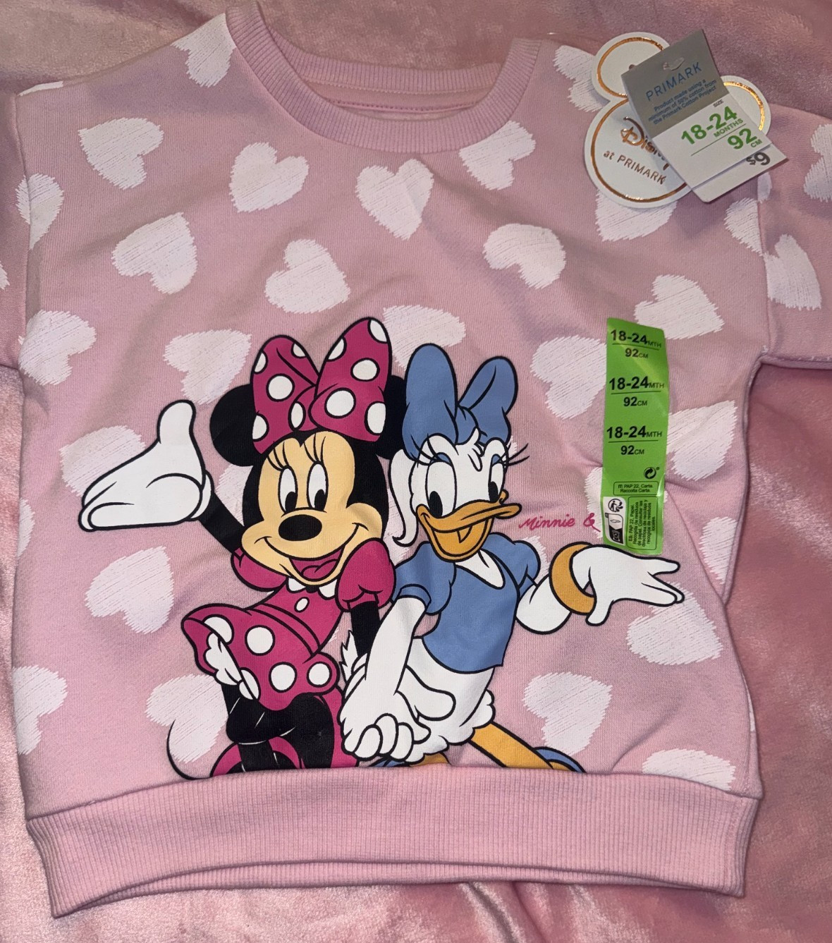Disney Minnie & Daisy Sweatshirt & Joggers Pink Hearts Primark 18-24 Months NEW