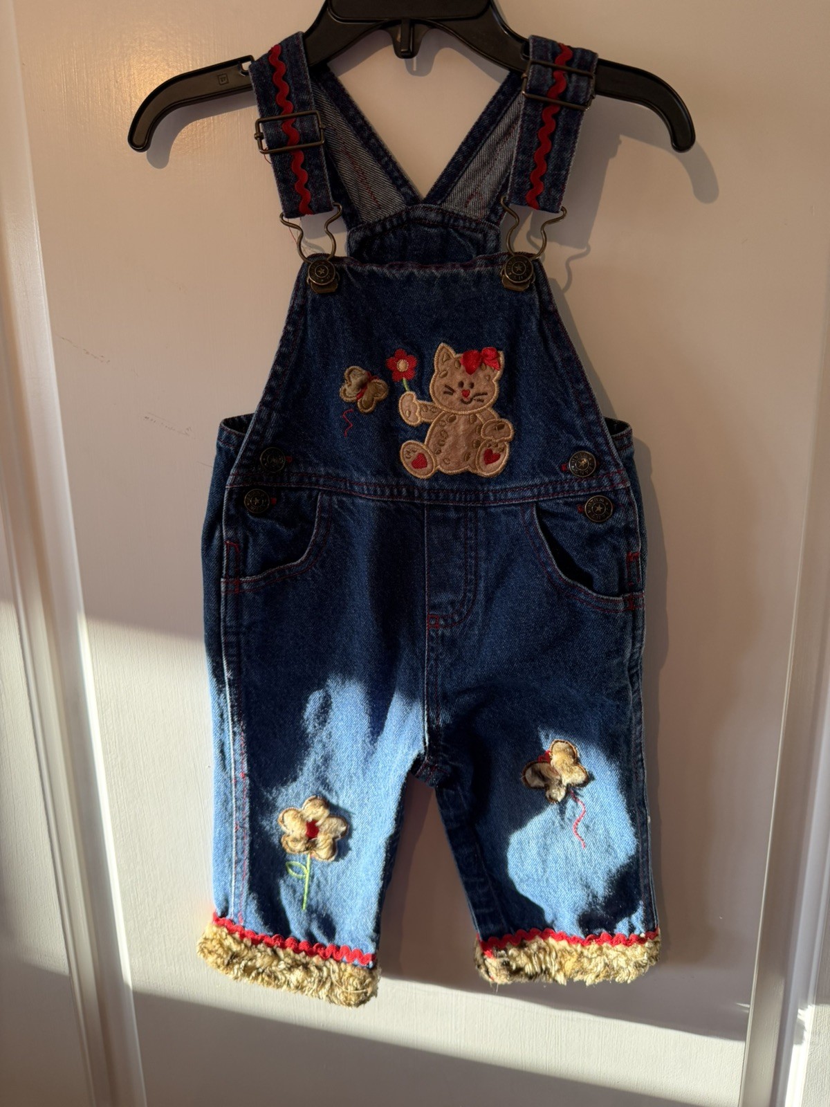 Vintage Y2K 90s Girls Denim Overalls Cat Butterfly Leopard Fur Embroidered 6-9m