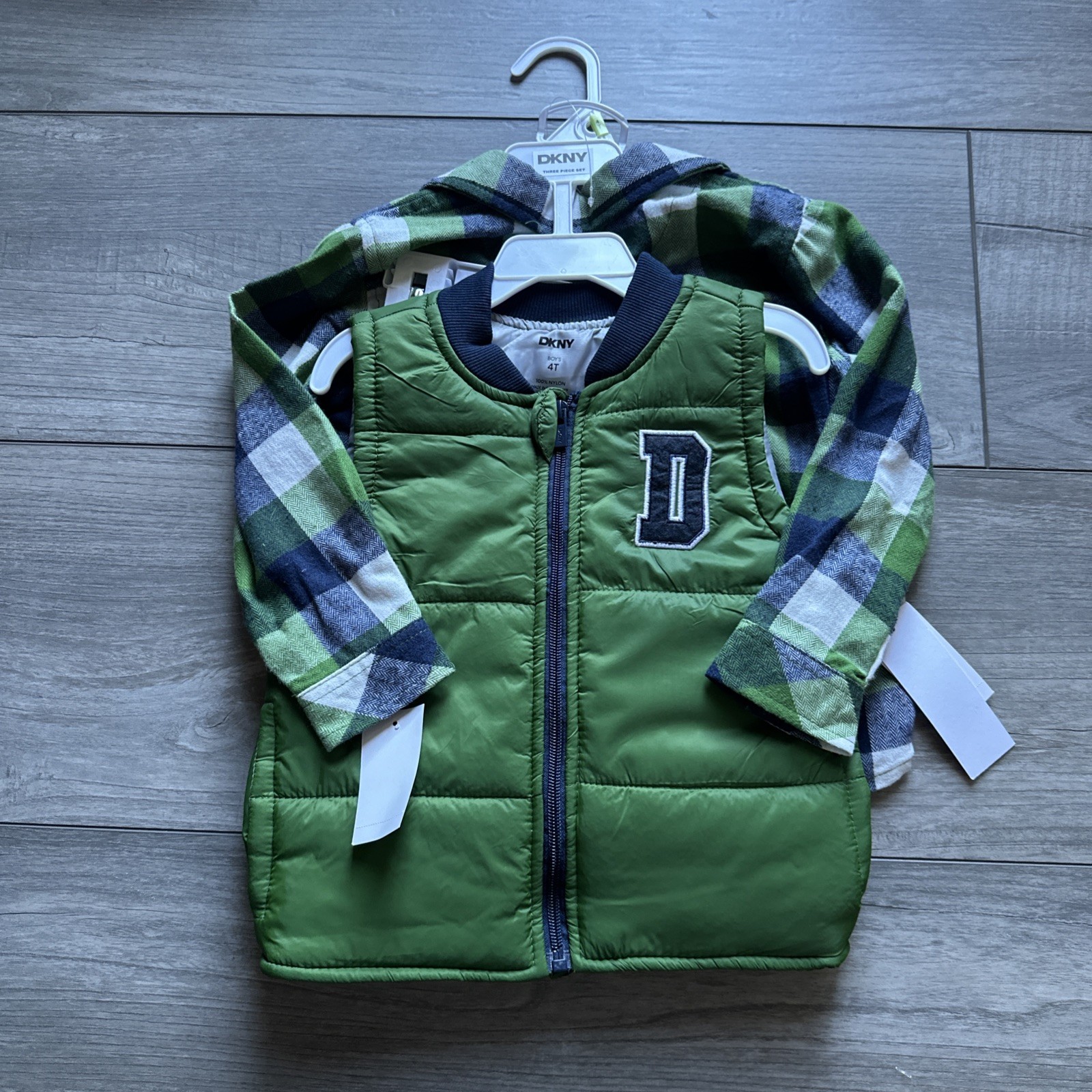 DKNY Set Of 2 Size 4T Green Vest Green Blue White Plaid Button Up Long Sleeve
