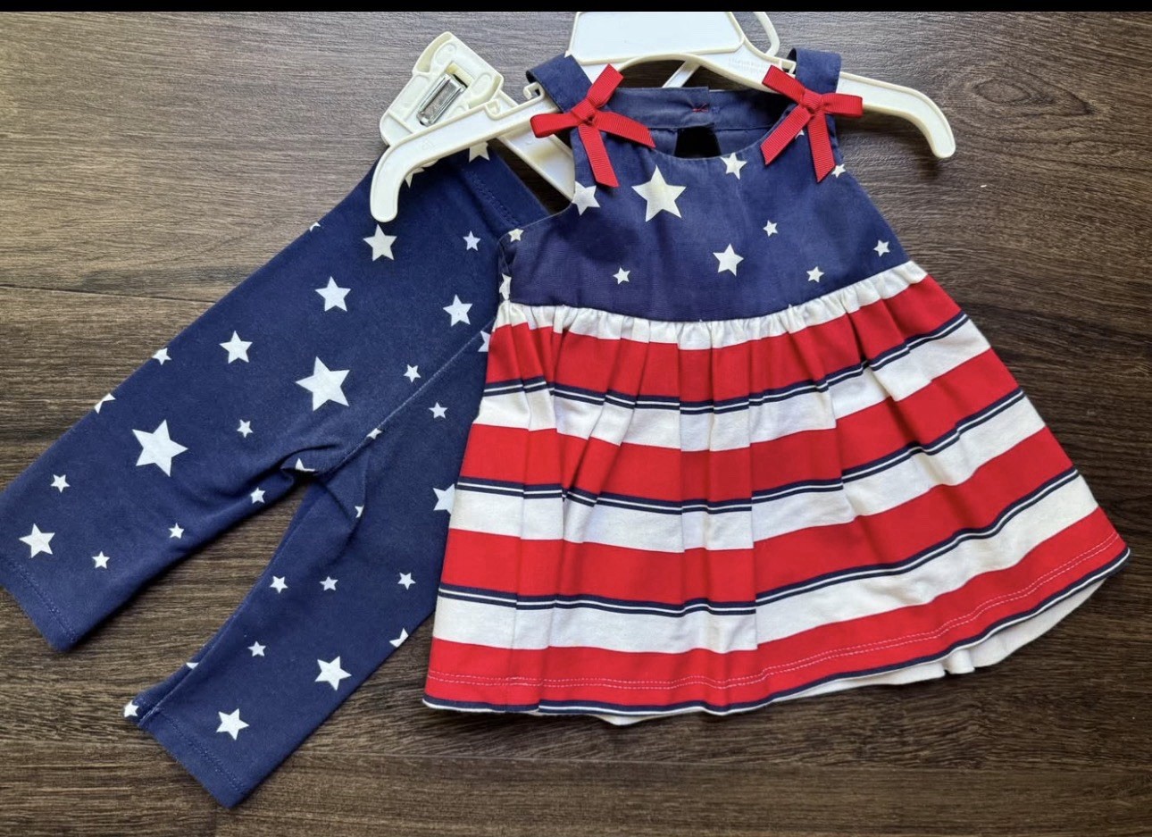 Girls 2-Piece Patriotic Stars Dress & Leggings Set 0-3M Red White Blue Bow