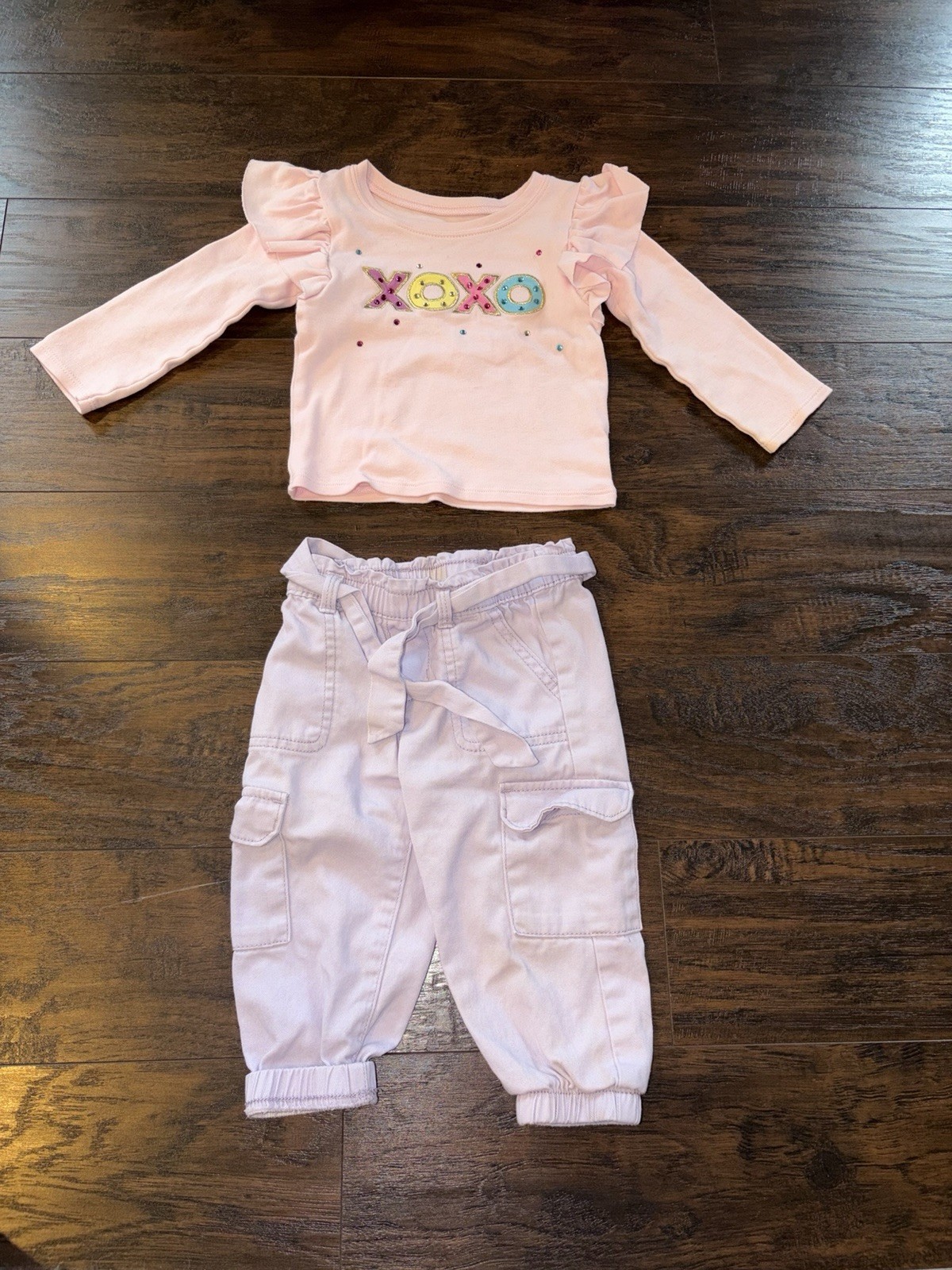 Pink Ruffle Sleeve Top & Light Purple Cargo Pants Set Baby Girl Size 12-18 Mths