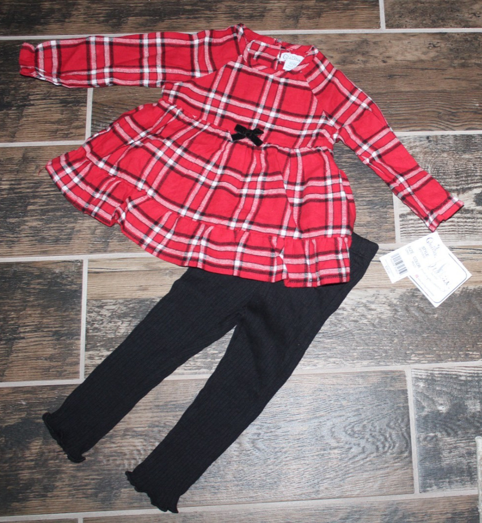 NWT Baby Girl QUILTEX 2 piece Legging & Plaid Top Holiday Set Size 12M