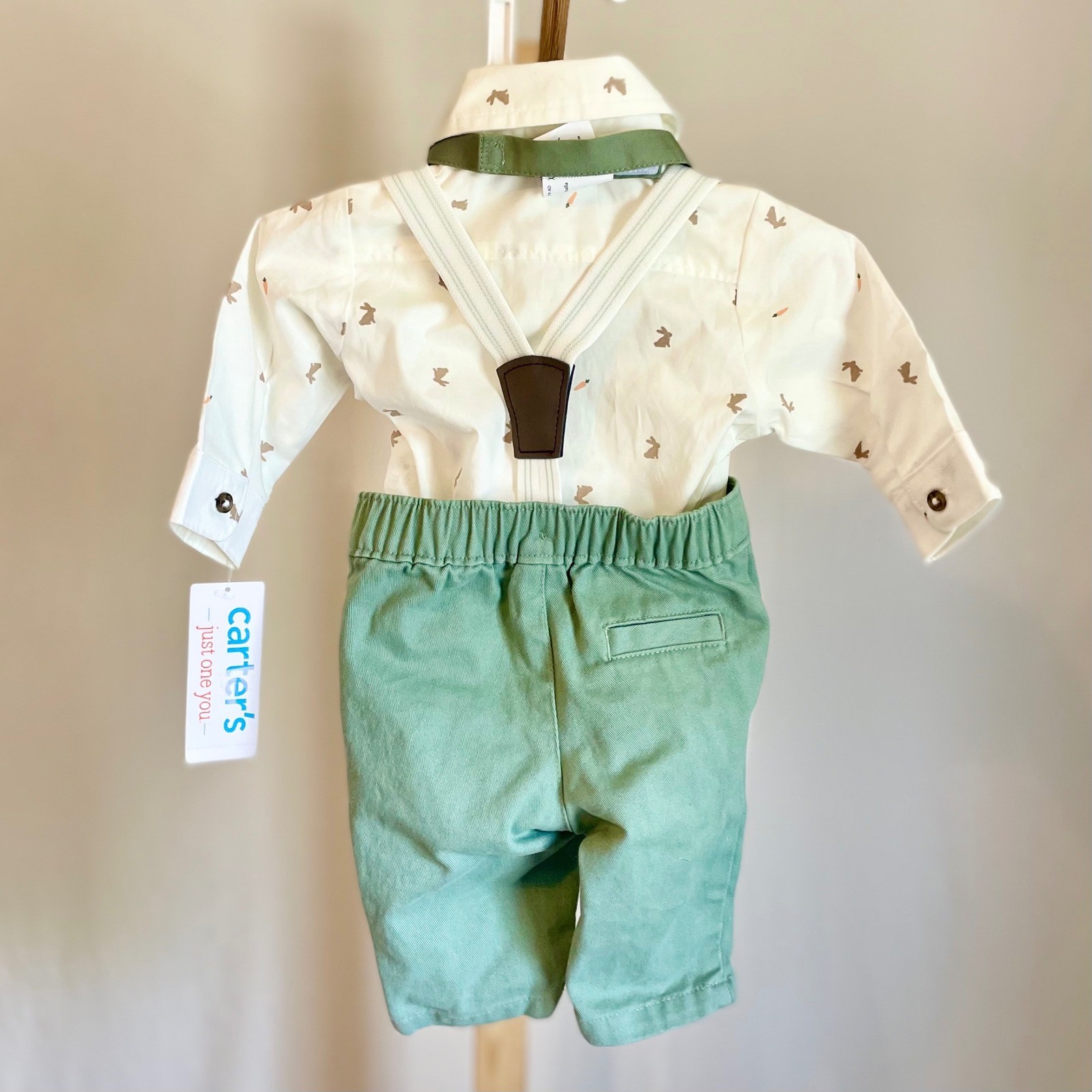 Carters Just One You Kids 4pc Easter Set Bunny Shirt Green Pants Suspenders NB