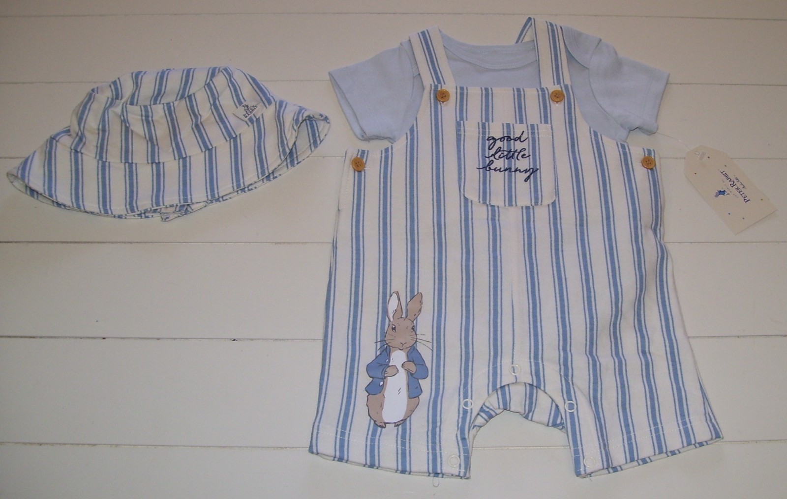 Peter Rabbit Good Little Bunny Bodysuit Shortall Hat Easter Outfit 3-6M, 6-9M