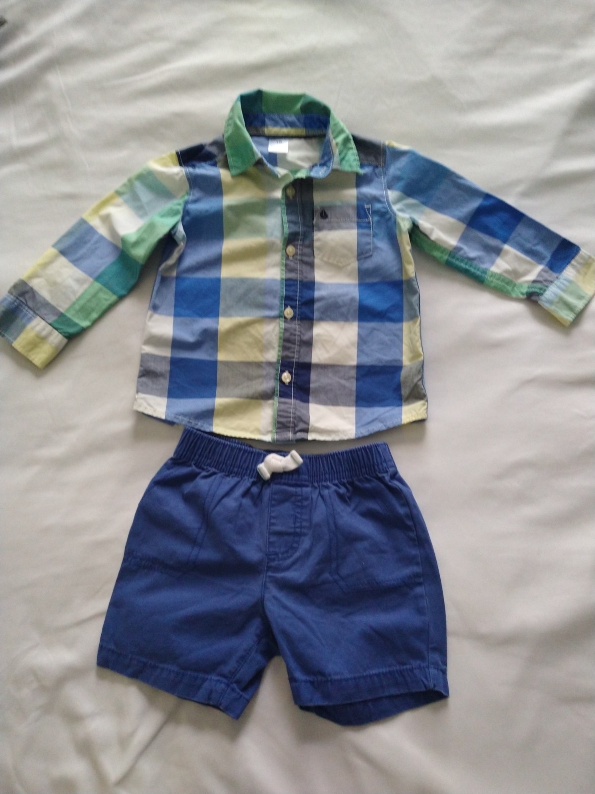 Boys 2-Piece Plaid Long Sleeve Button Shirt & Blue Shorts Set Spring/Summer