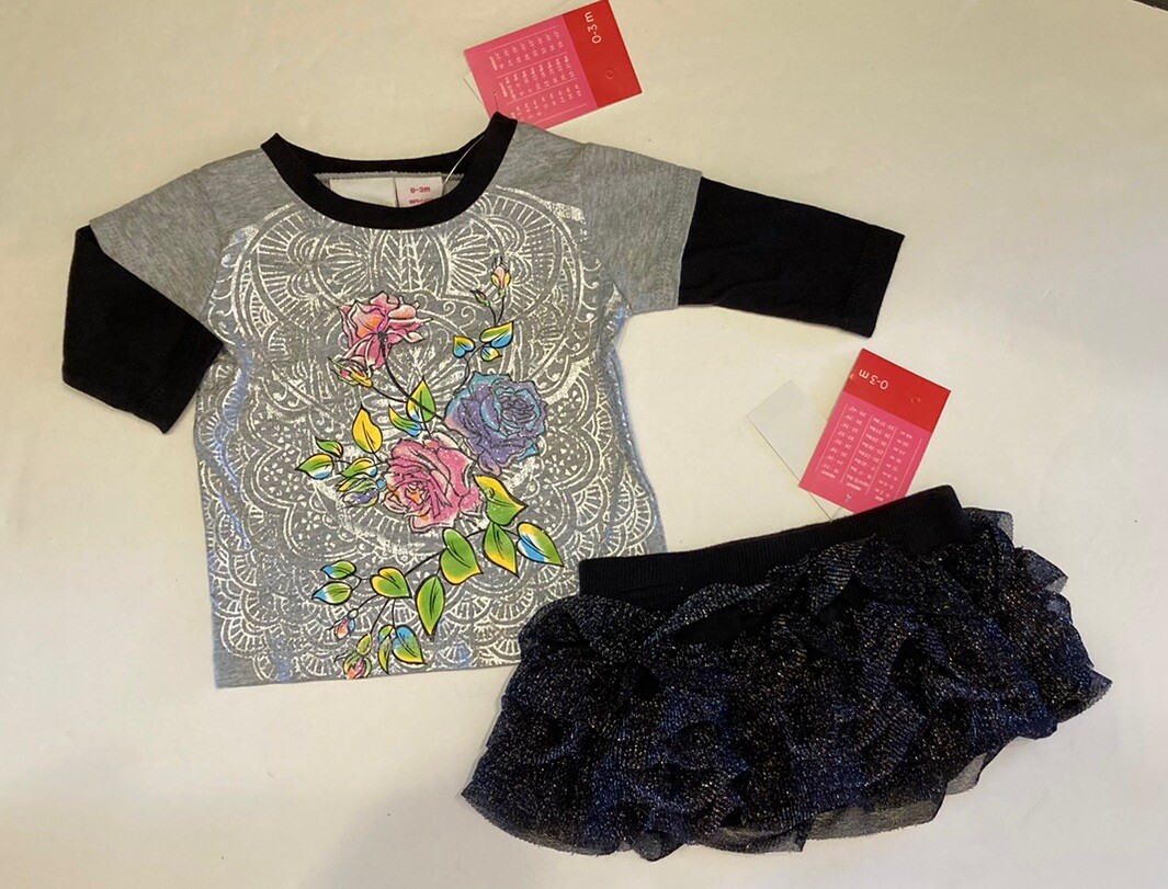 NWT Amy Coe 0-3 Months Gray Glitter Rose T-Shirt & Black Sparkle Ruffle Skirt