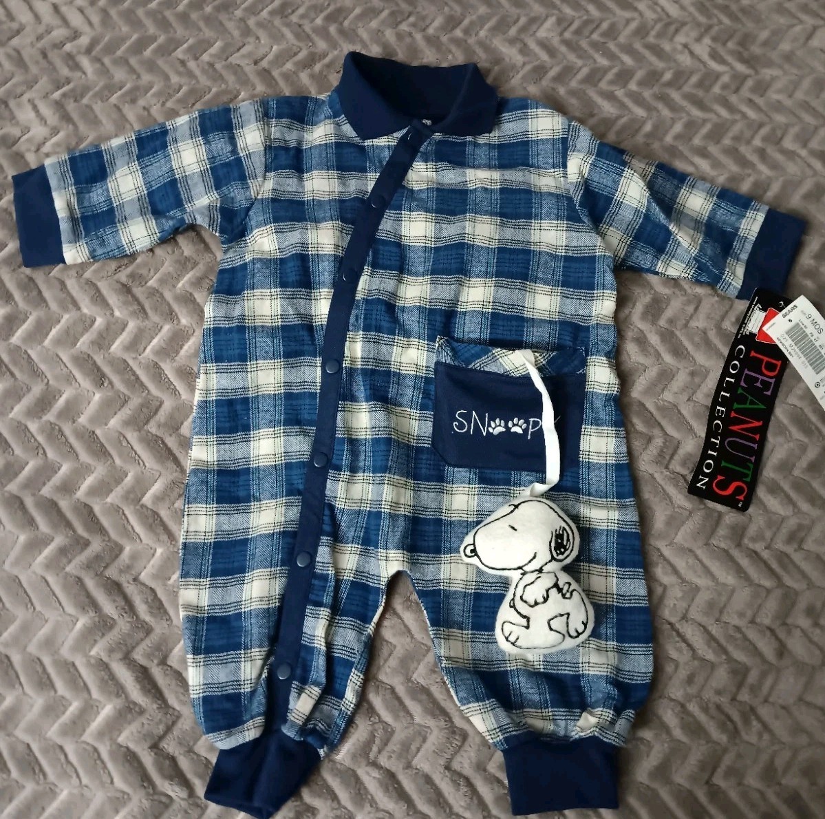 Snoopy Peanuts Vtg Boys Blue Plaid Outfit 6 To 9 Month Tags Plush Attached Sears