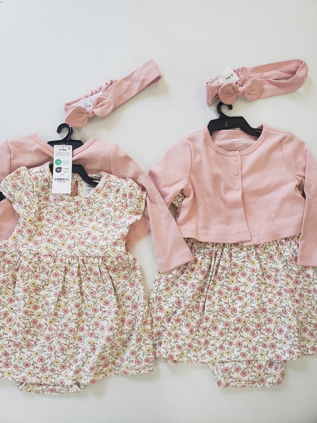 Carters 6-9 months Dusty Pink Dress, Jacket & Headband X2 TWINS Set 100% Cotton