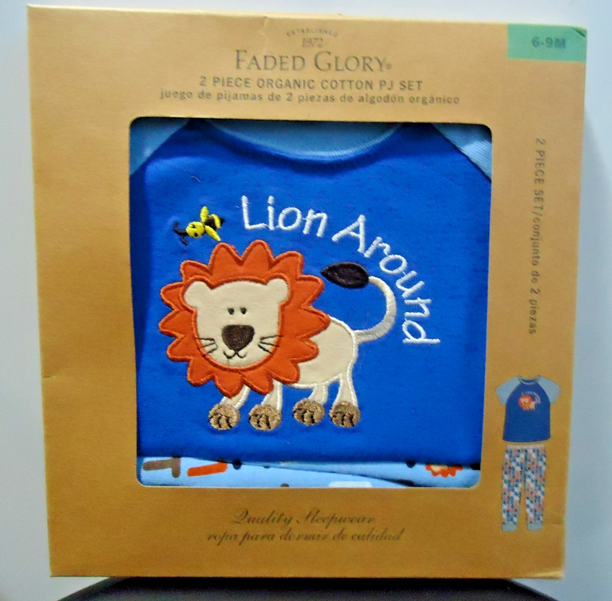 NIB Faded Glory 2-pc Organic PJ Set Pants & Shirt Size 6-9 M Baby LION Blue NEW
