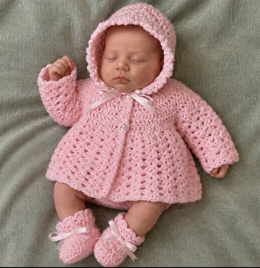 Handmade Newborn Crochet Pink Sweater Hat Booties 3pc Set Bow Button