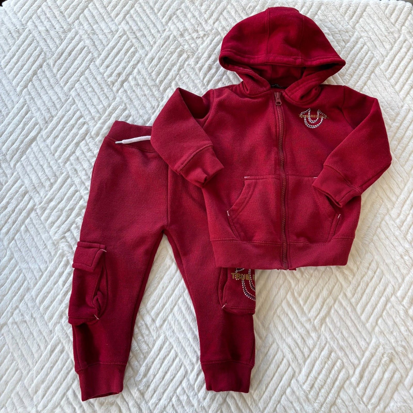 True Religion Toddler Tracksuit Set 2T Red Zip Hoodie Cargo Sweatpants