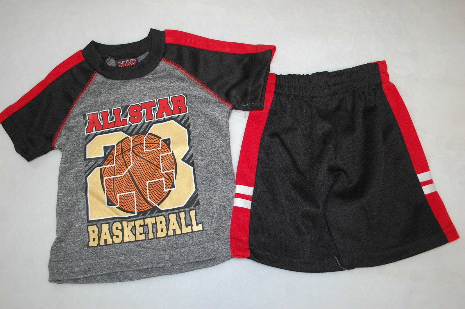 Baby Boys Outfit ALL STAR BASKETBALL Athletic Tee RED BLACK GRAY Shorts 18 MO