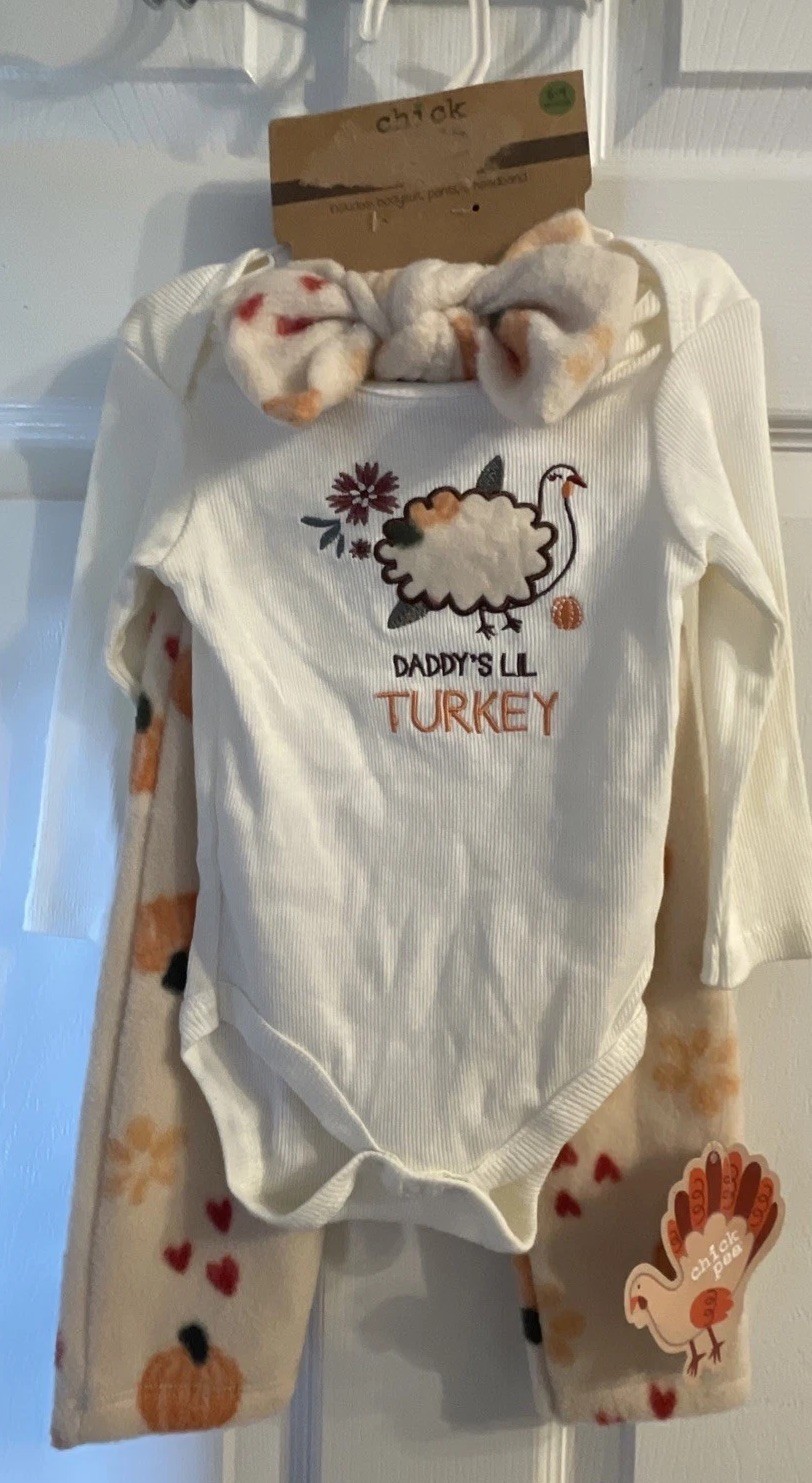 Chick Pea~ 6-9 Months Thanksgiving Baby 3piece Outfit Set Daddy’s Lil Turkey NEW