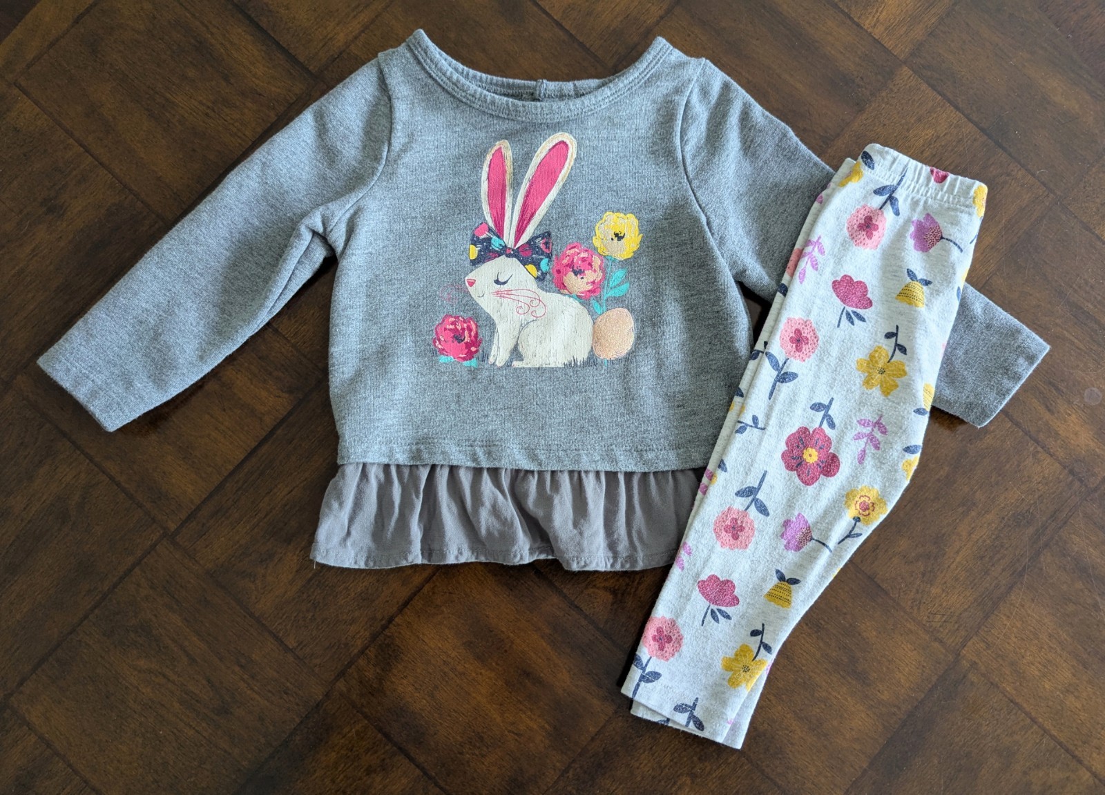 2 Pc Size: 12 Months Cherokee Gray Bunny L/S Shirt & Carter’s Floral Knit Pants