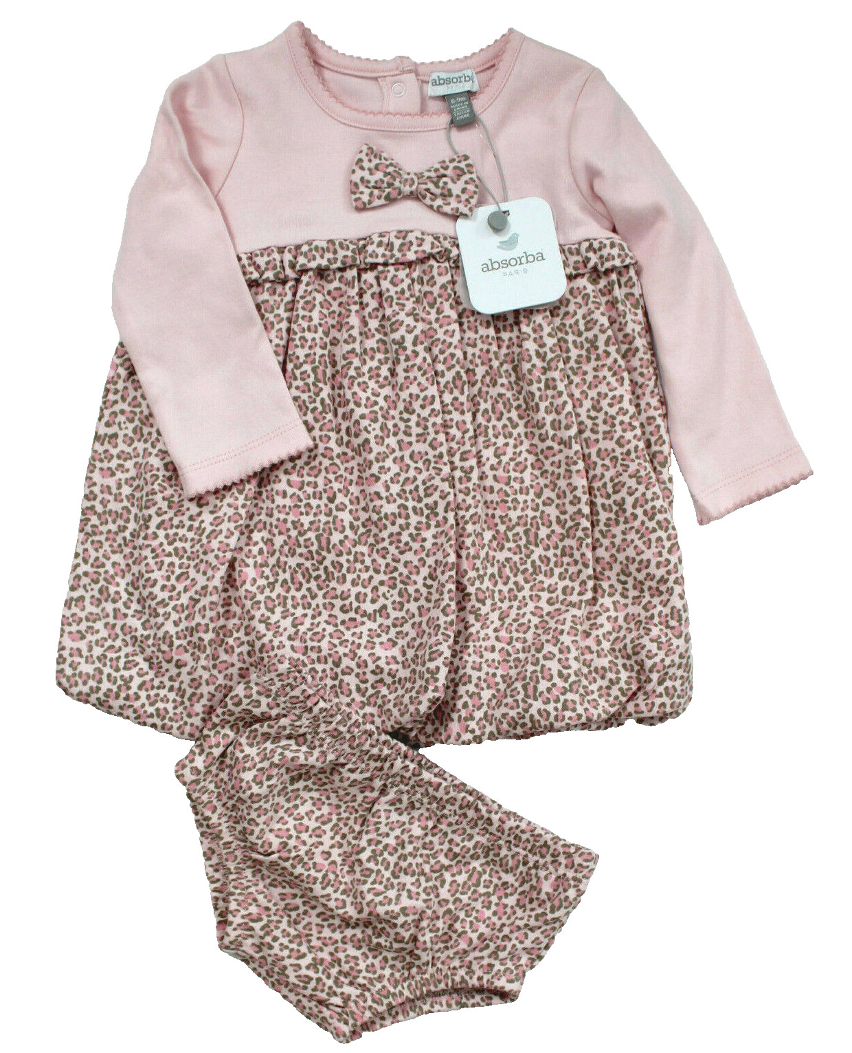 absorba Paris Baby Pink Leopard Print Dress & Diaper Cover Set Size 6-9M NEW